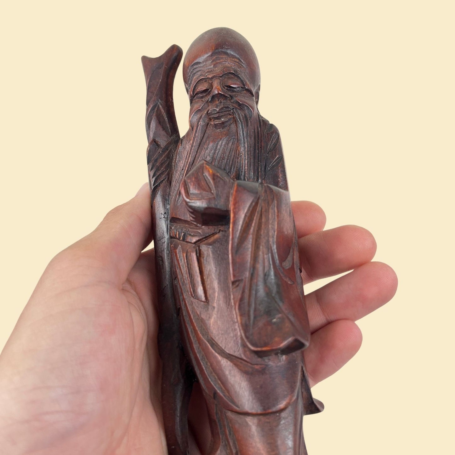 1960s hand carved Chinese God of Longevity (Shouxing) statue, vintage wooden Shouxing sculpture