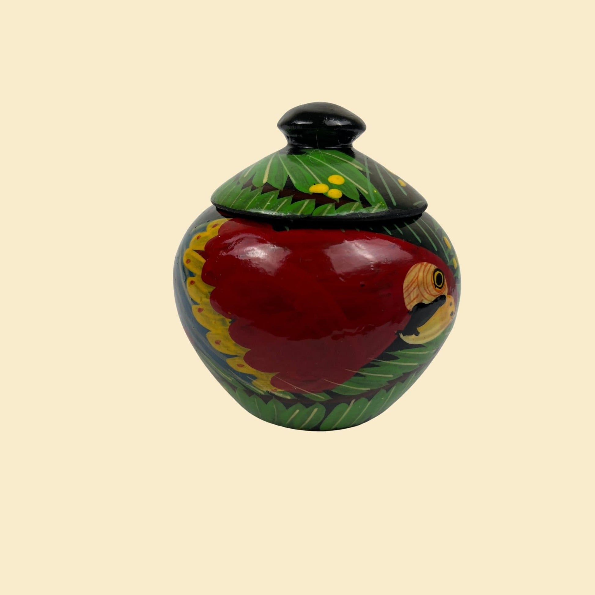 1980s hand-painted parrot jar, vintage 80s folk art miniature wooden jar w/ tropical bird design