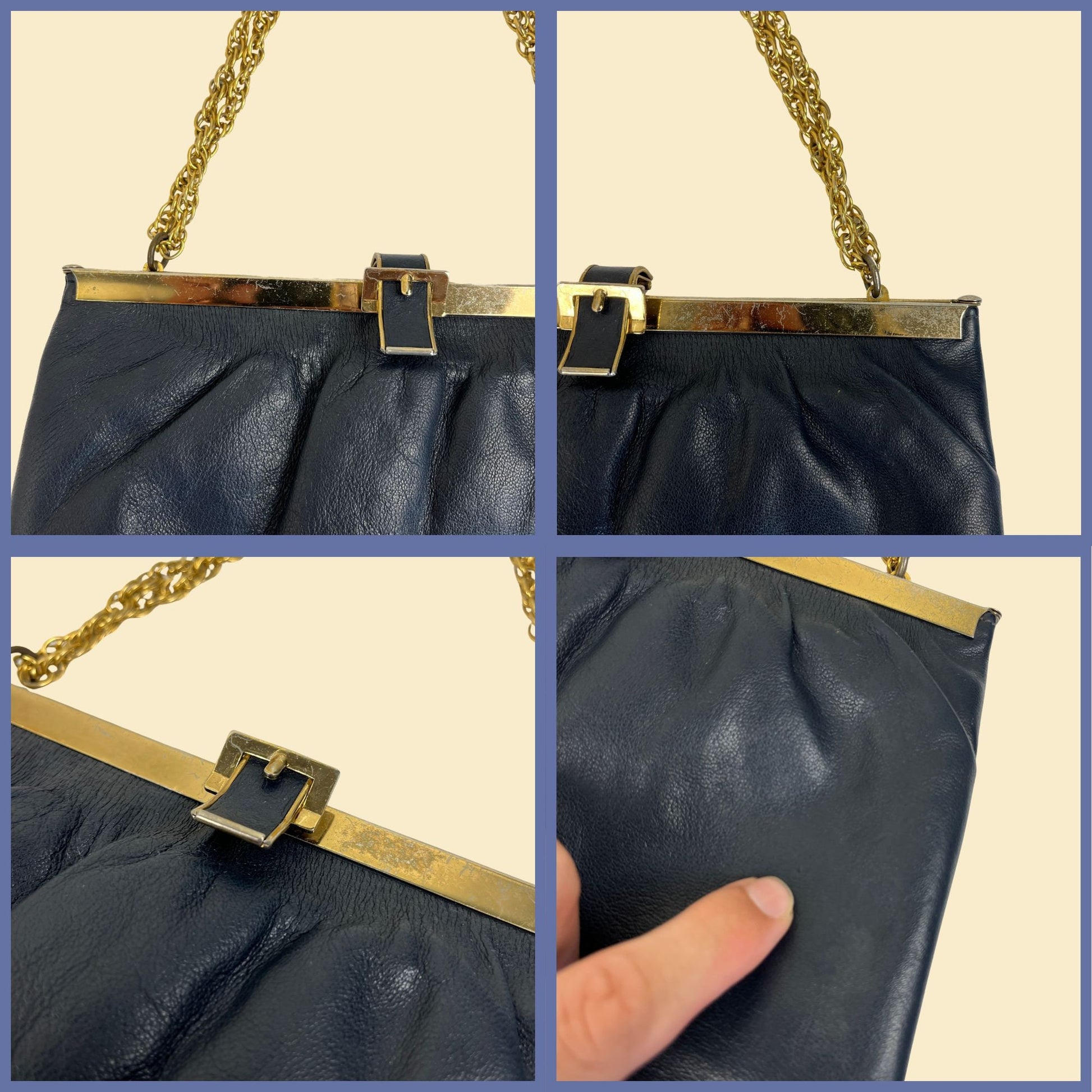 1970s blue leather handbag by Lisette Ltd., vintage 70s blue & gold-toned soft leather shoulder bag