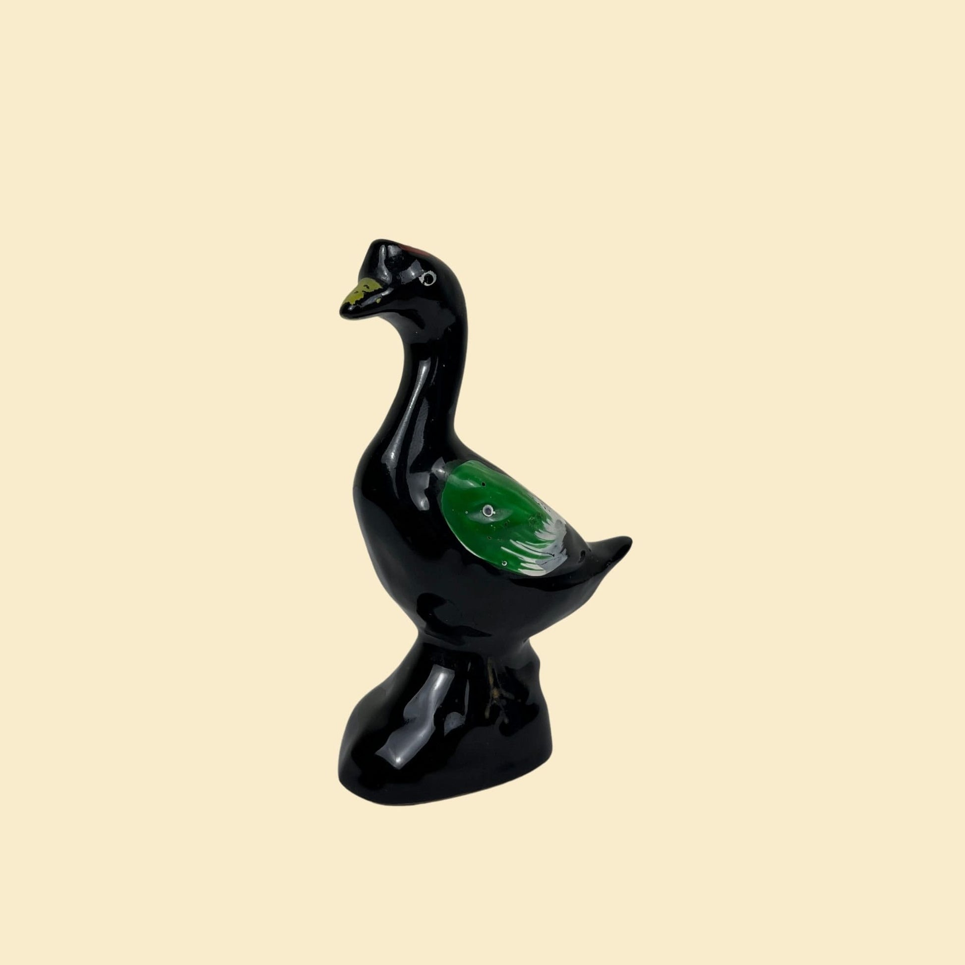 1940s ceramic bird figurine, small vintage folk art black & green bird statue