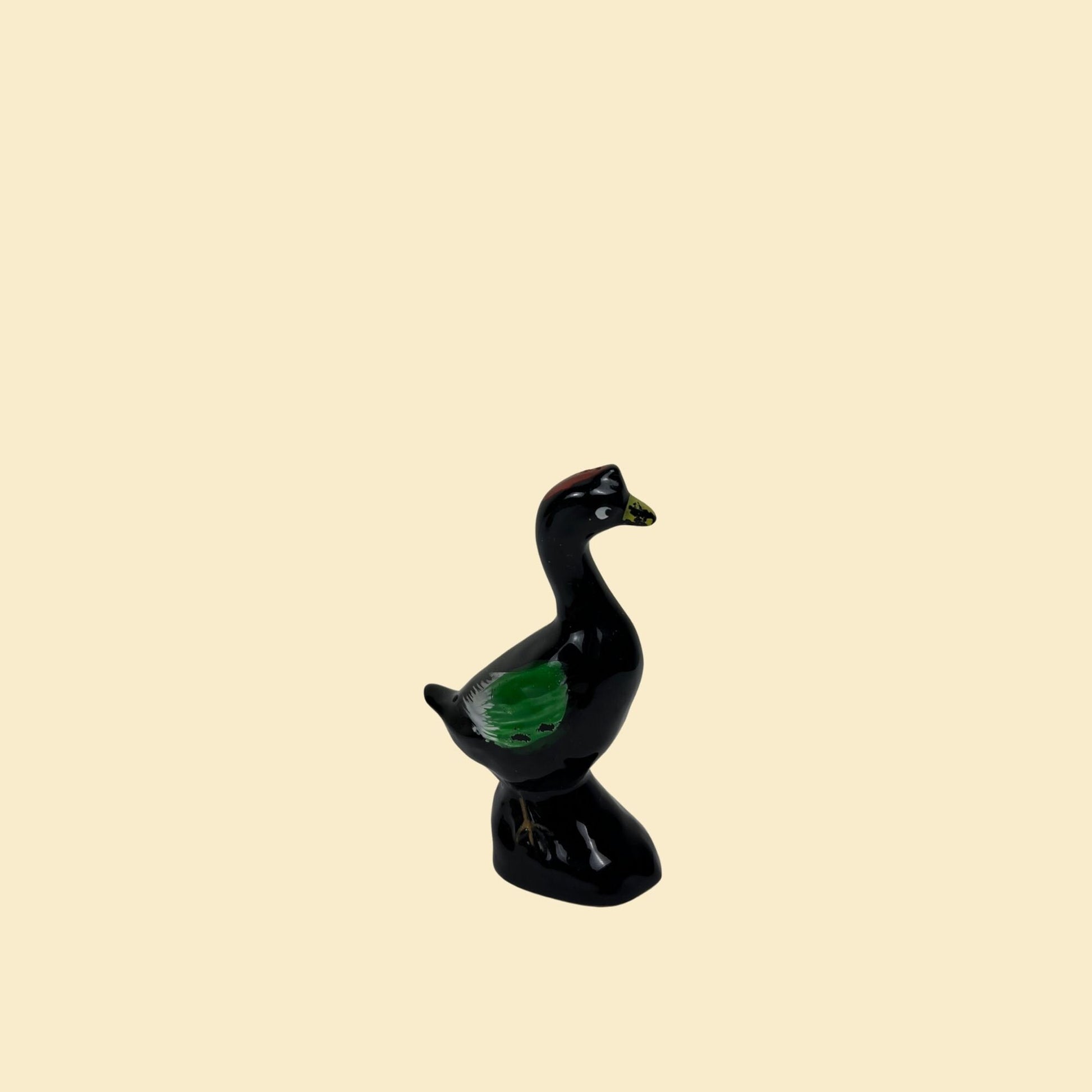 1940s ceramic bird figurine, small vintage folk art black & green bird statue