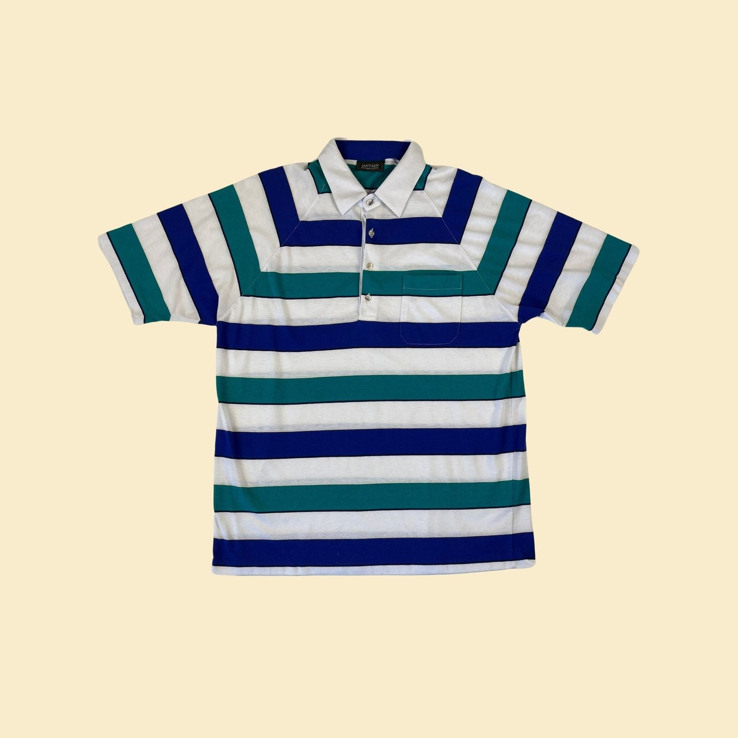 1980s Jantzen polo shirt, vintage 80s striped blue, teal & white men's short sleeve shirt