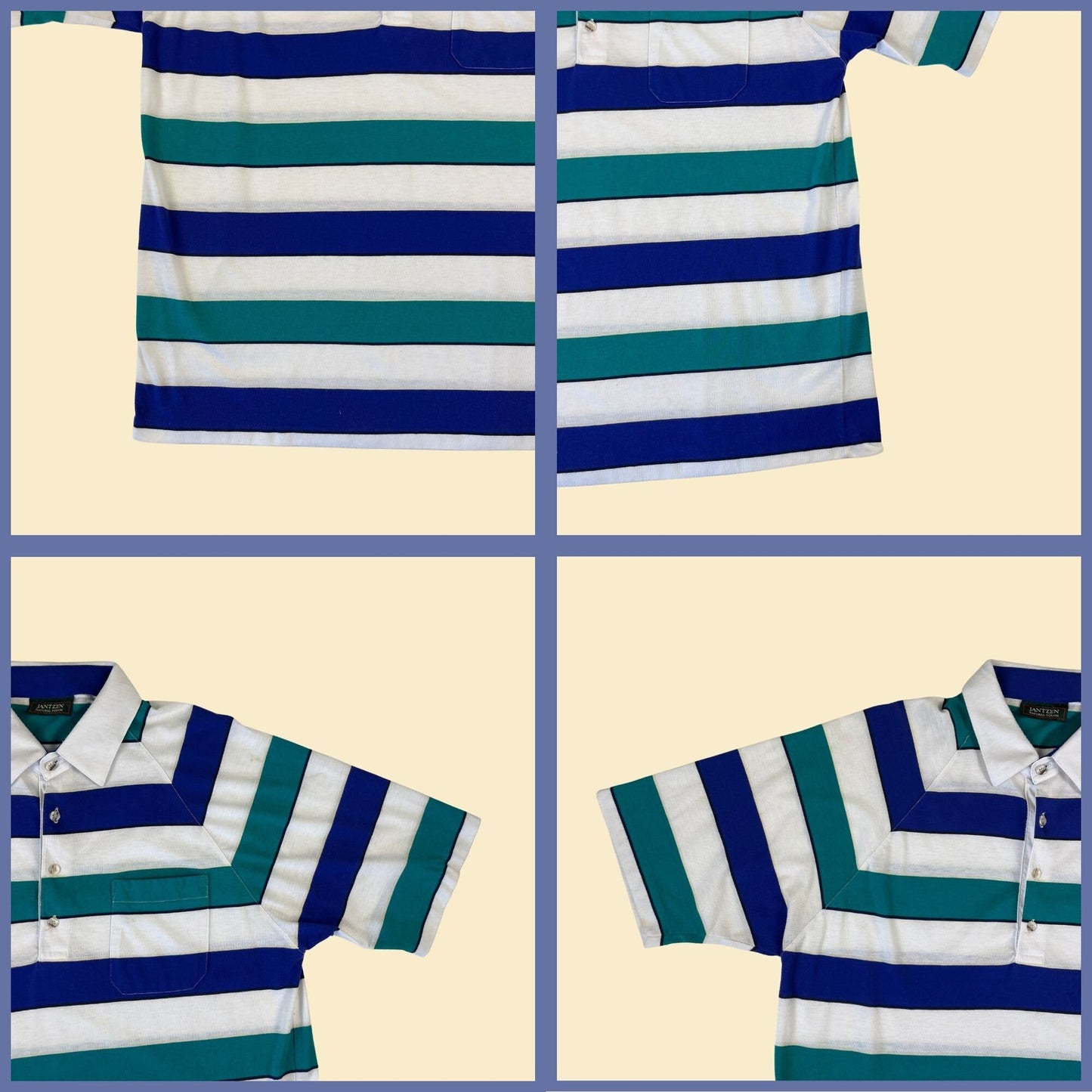 1980s Jantzen polo shirt, vintage 80s striped blue, teal & white men's short sleeve shirt