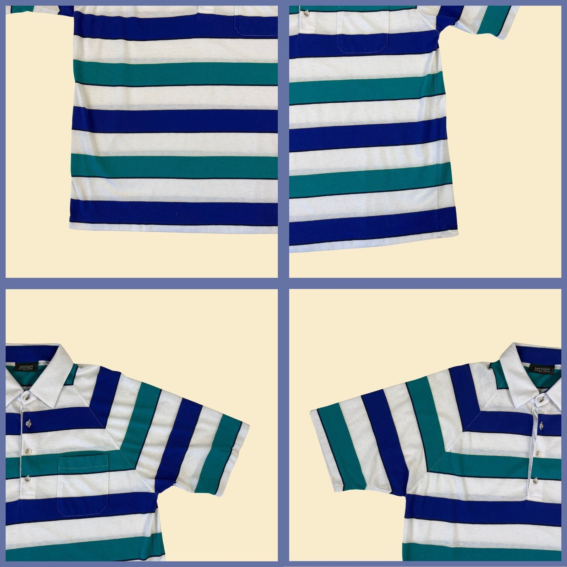 1980s Jantzen polo shirt, vintage 80s striped blue, teal & white men's short sleeve shirt