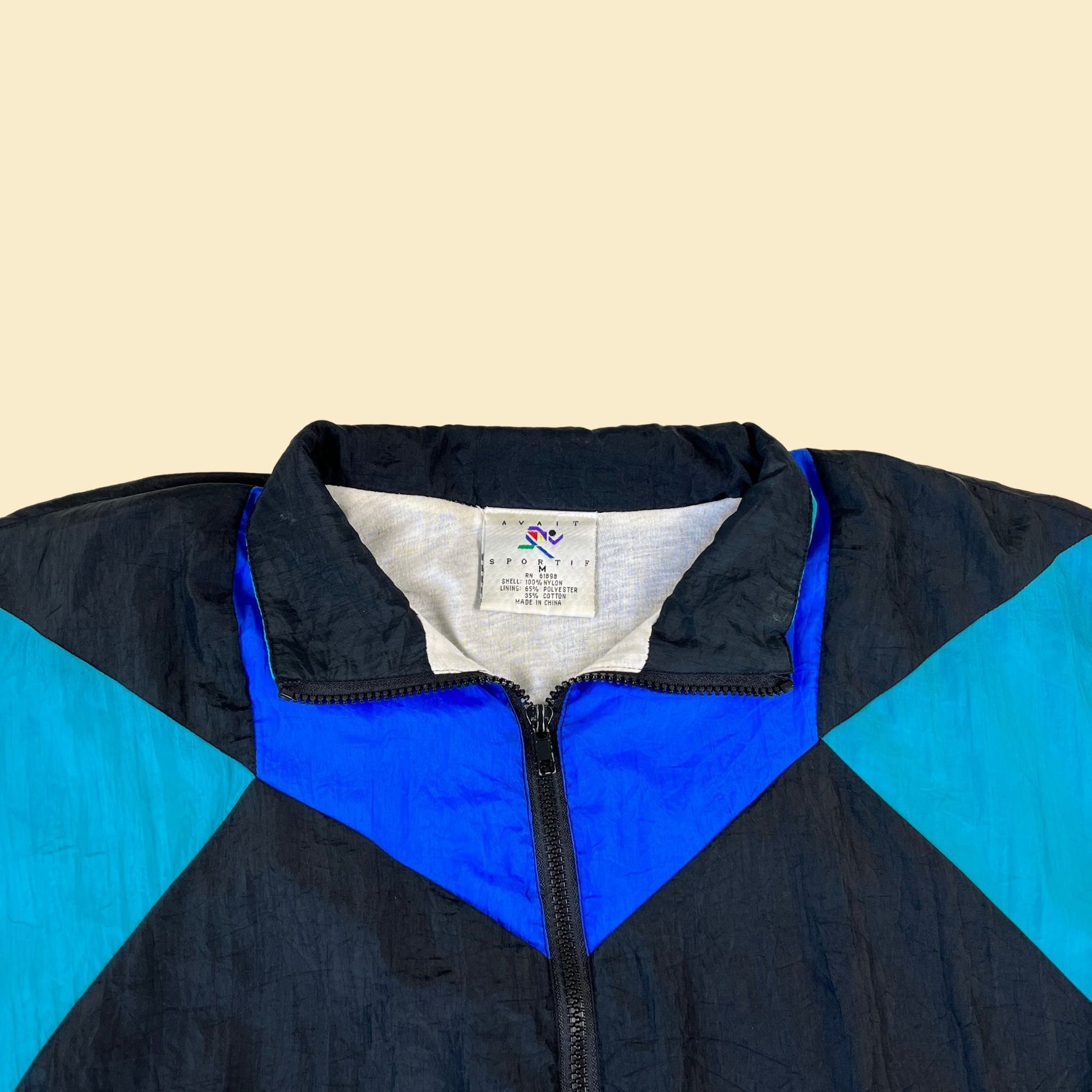 80s/90s blue windbreaker jacket, size M vintage Avait Sportif color block jacket