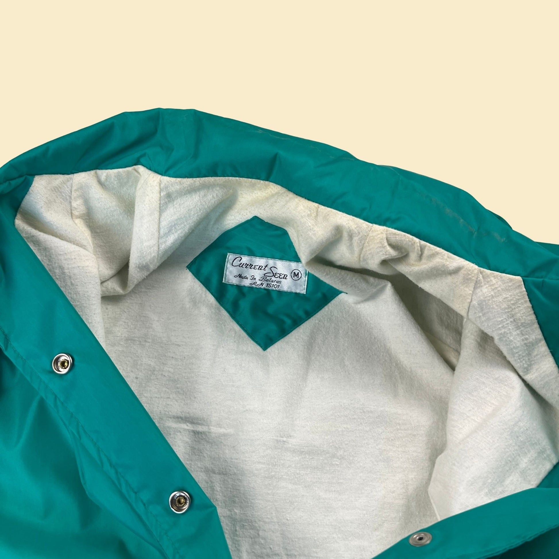 1980s teal windbreaker jacket, vintage 80s size M Current Seen snap clasp jacket