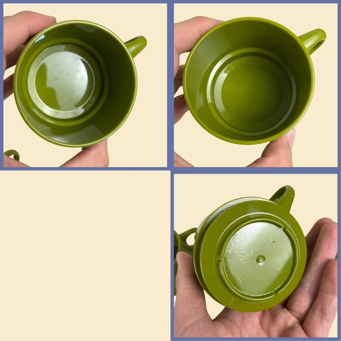 1970s avocado green cups, set of 7 vintage 70s nesting cups w/ handles