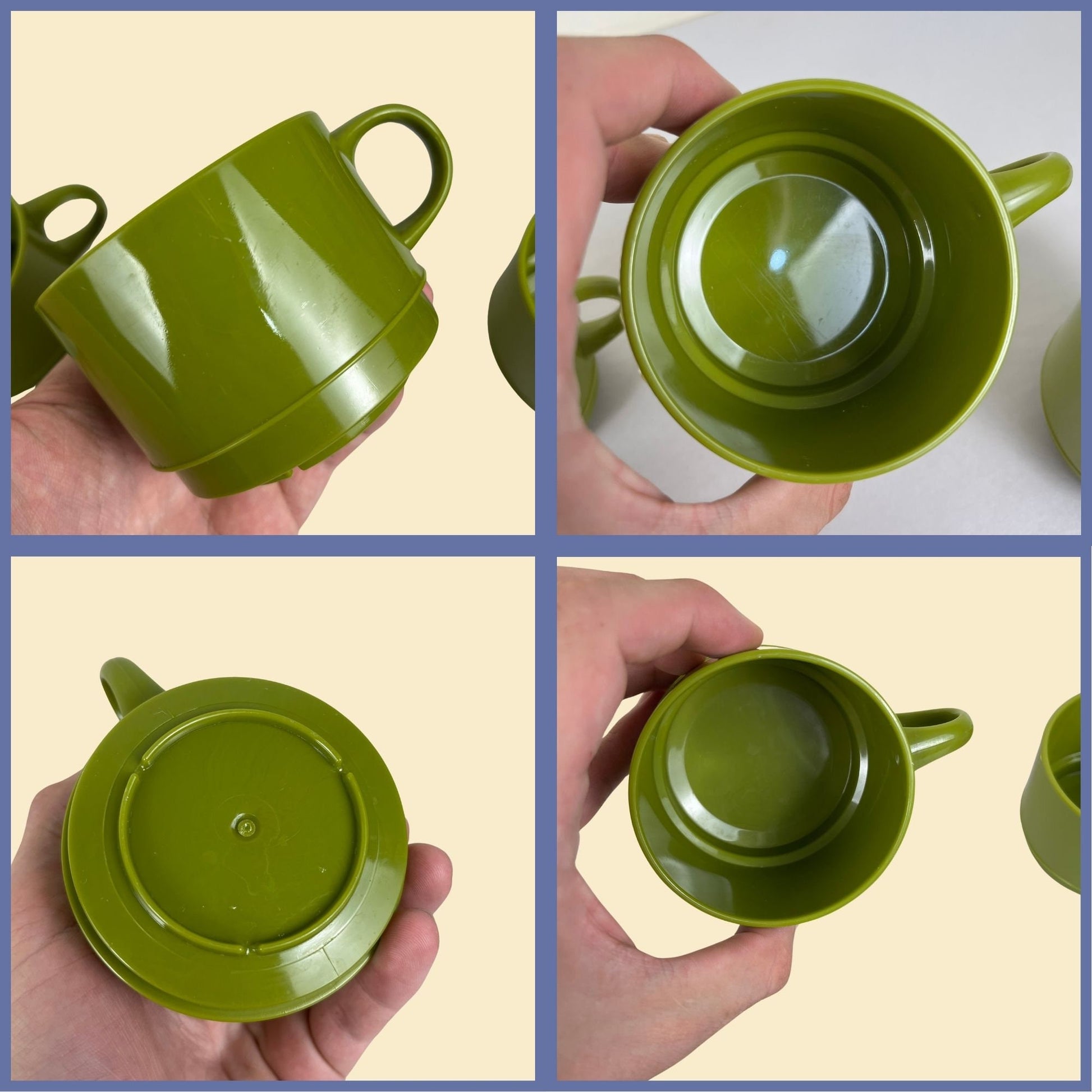 1970s avocado green cups, set of 7 vintage 70s nesting cups w/ handles