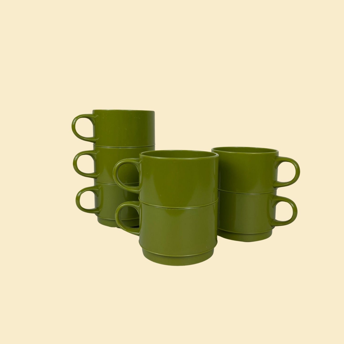 1970s avocado green cups, set of 7 vintage 70s nesting cups w/ handles