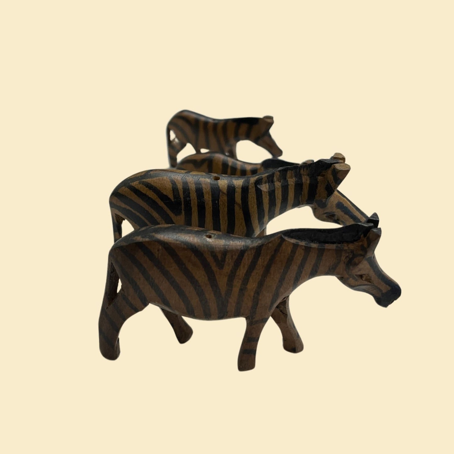 1980s mini zebra statues, set of 4 vintage wooden zebra beads