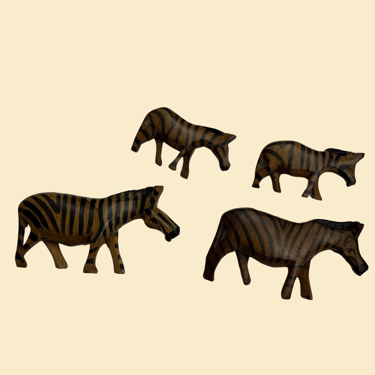 1980s mini zebra statues, set of 4 vintage wooden zebra beads