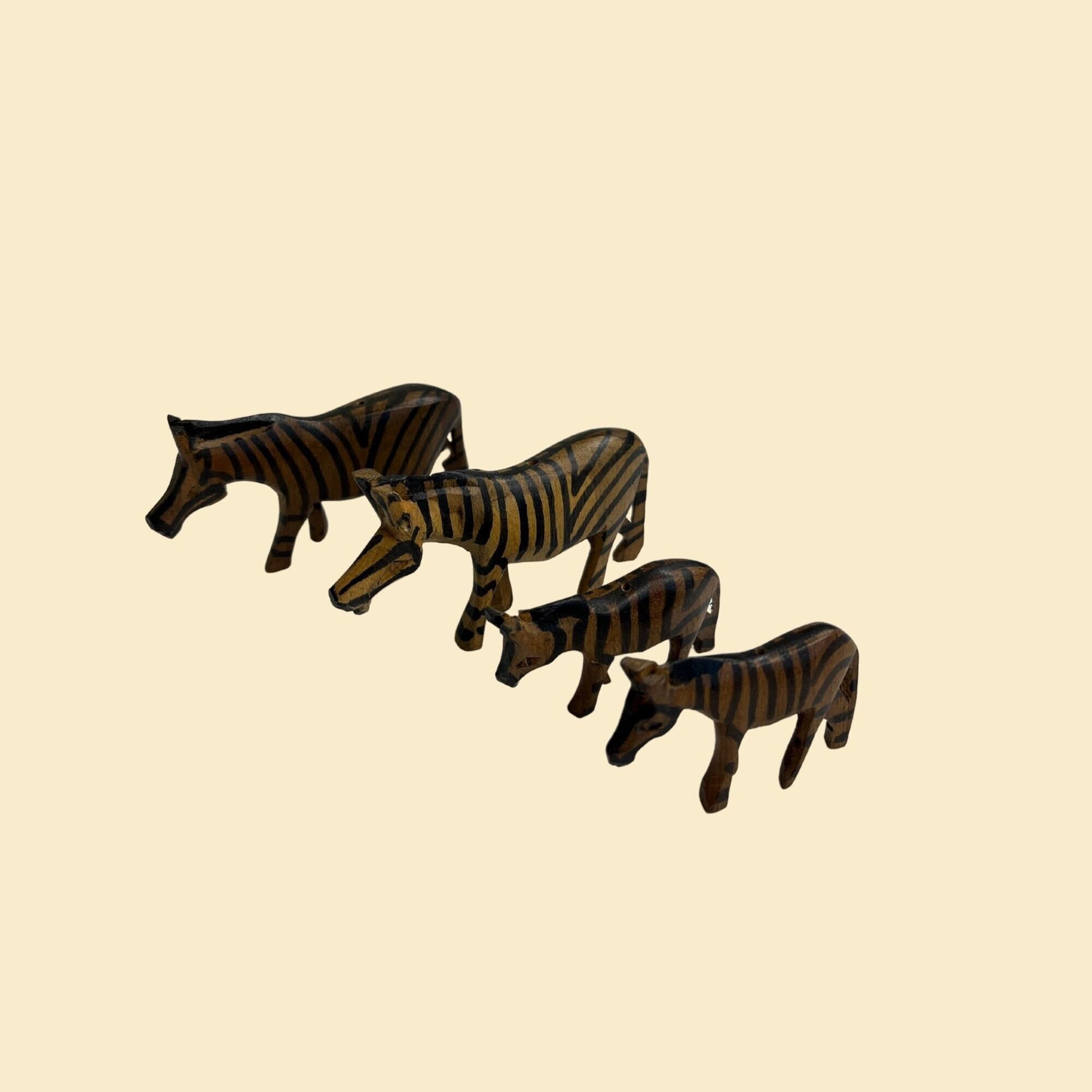 1980s mini zebra statues, set of 4 vintage wooden zebra beads