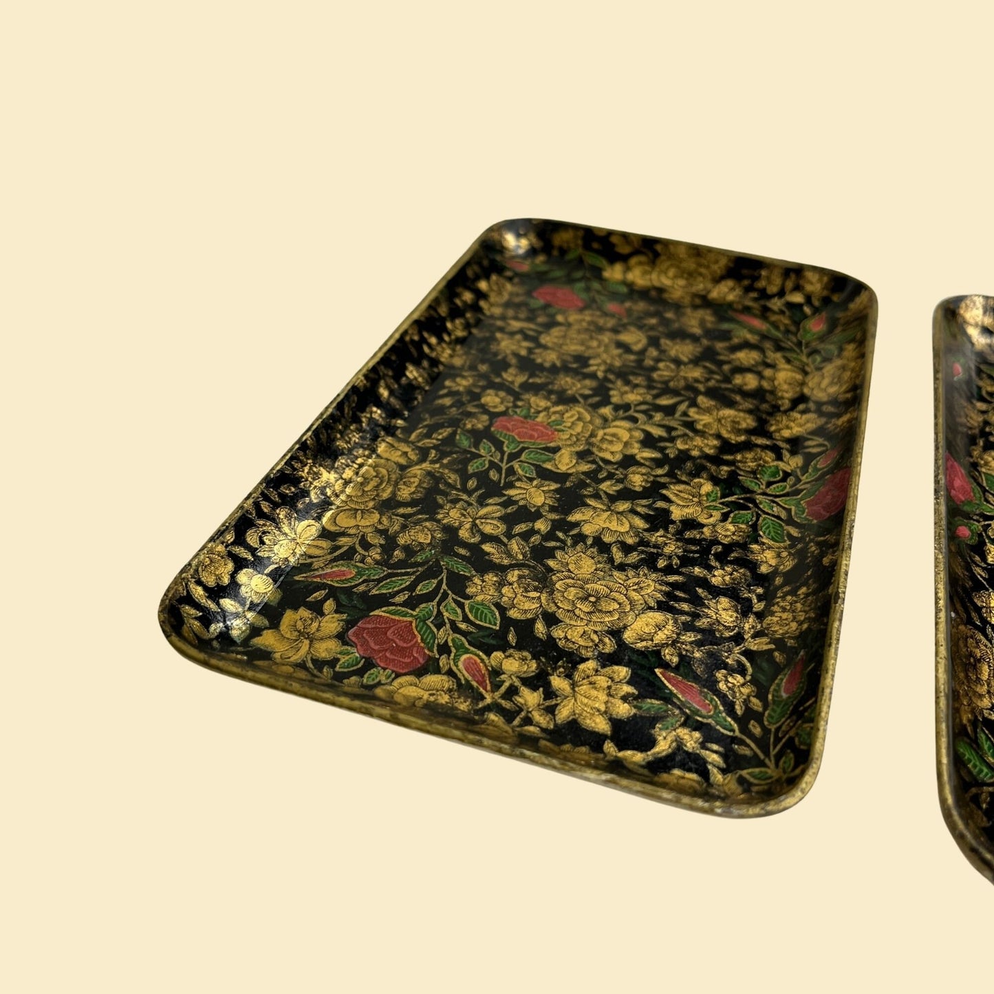 1970s floral paper mache trays, set of 2 flower patterned black, gold & pink catch all dresser or desk trays