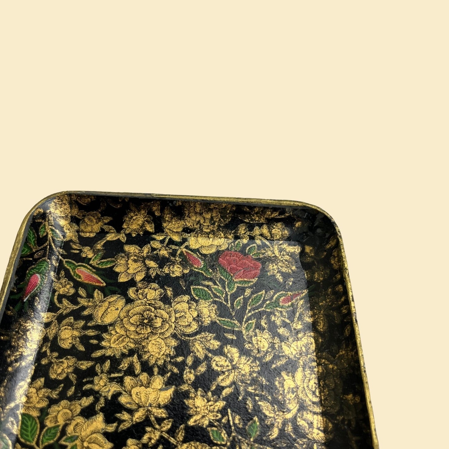 1970s floral paper mache trays, set of 2 flower patterned black, gold & pink catch all dresser or desk trays