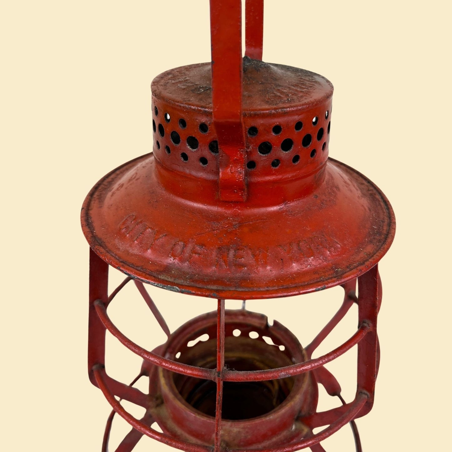 1930s Dressel City of New York lantern casing, vintage red metal railroad lantern casing by Dressel, Arlington NJ