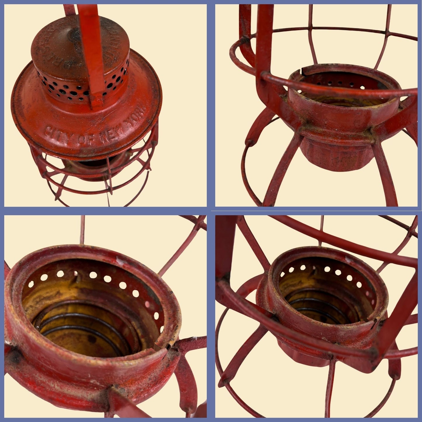 1930s Dressel City of New York lantern casing, vintage red metal railroad lantern casing by Dressel, Arlington NJ