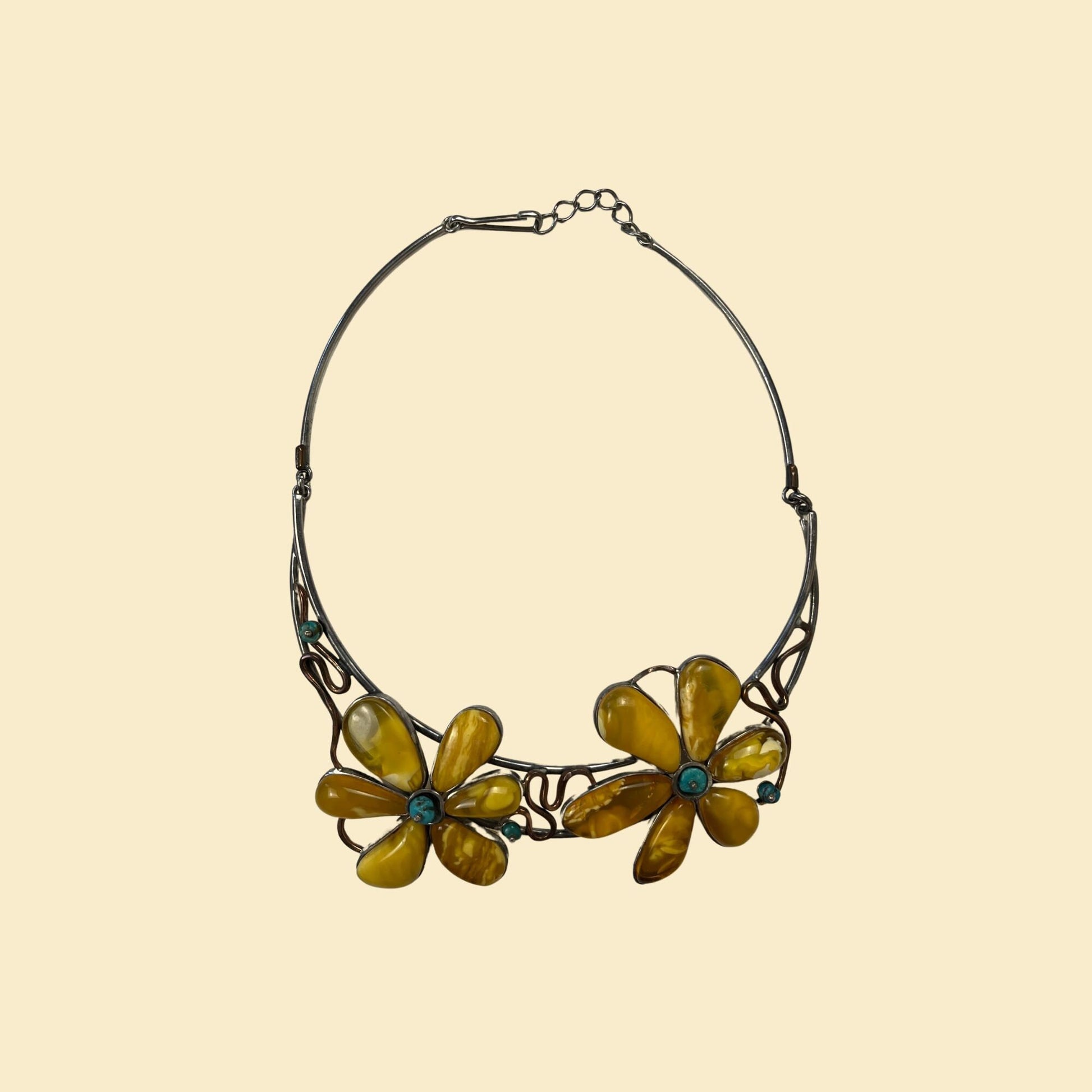 1980s floral collar necklace, vintage 80s yellow & turquoise structured metal flower necklace