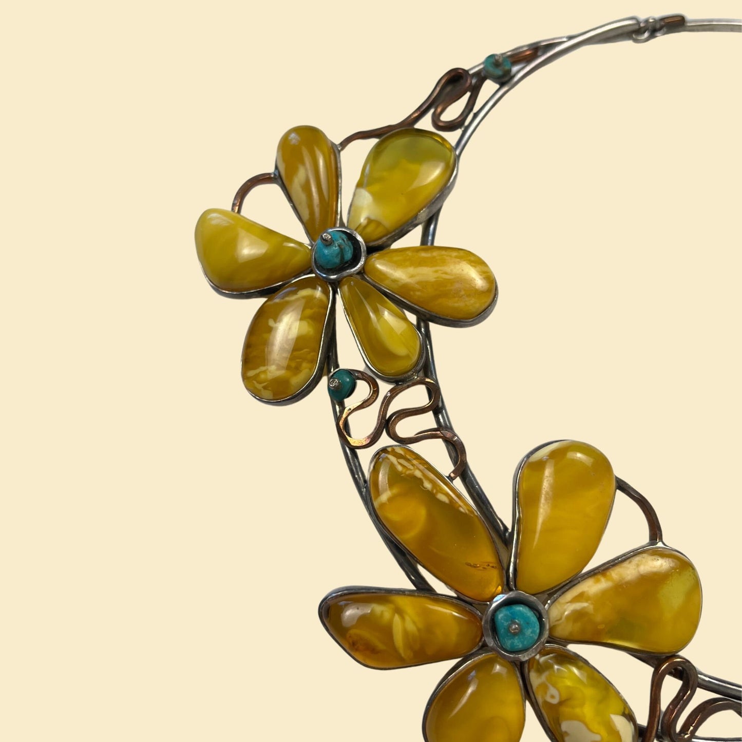 1980s floral collar necklace, vintage 80s yellow & turquoise structured metal flower necklace