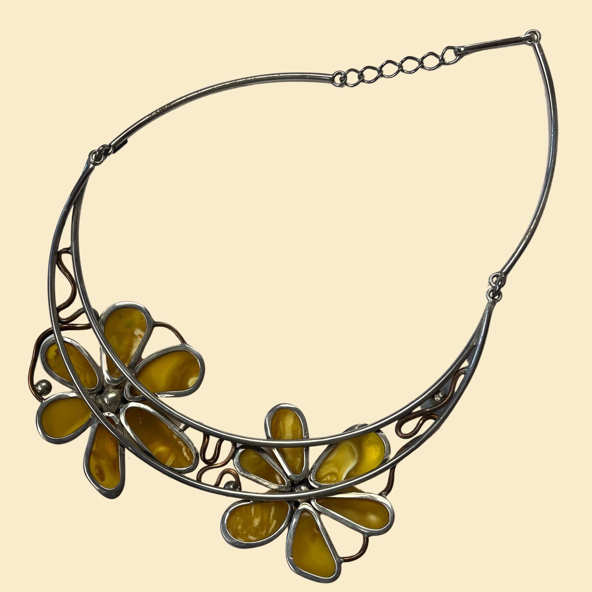 1980s floral collar necklace, vintage 80s yellow & turquoise structured metal flower necklace