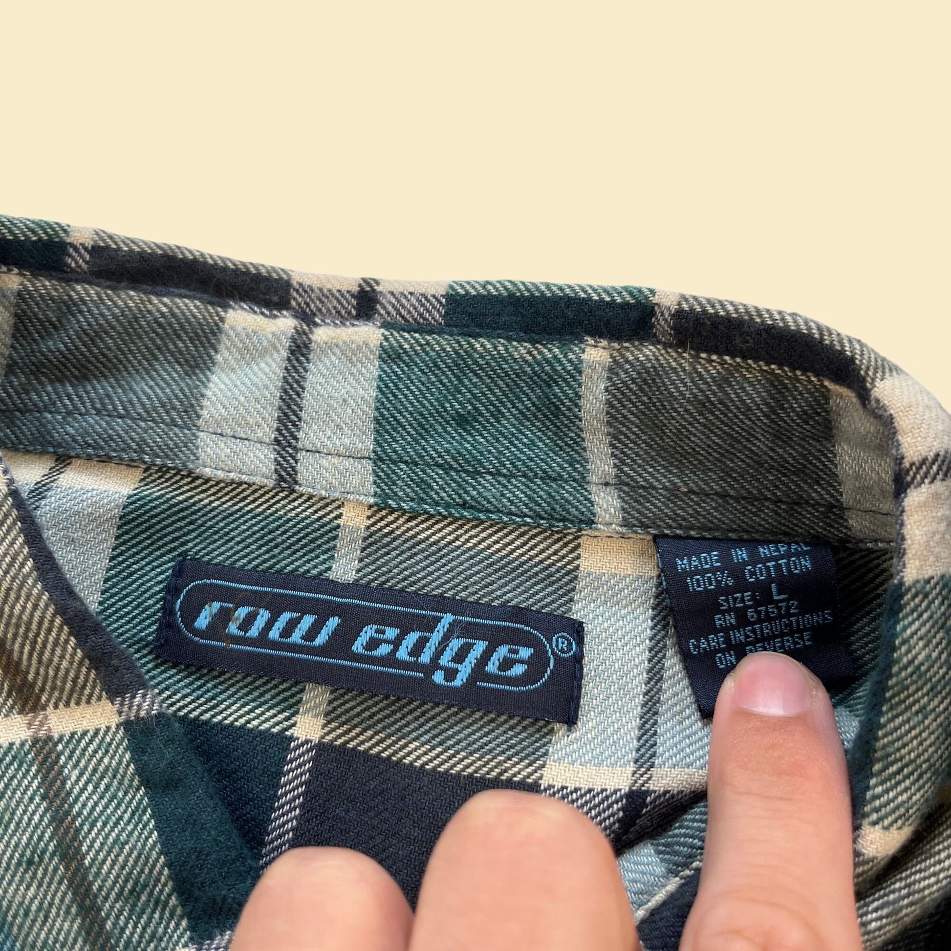 90s flannel shirt by Raw Edge, size L vintage 1990s NOS green, blue & beige plaid button down men's top