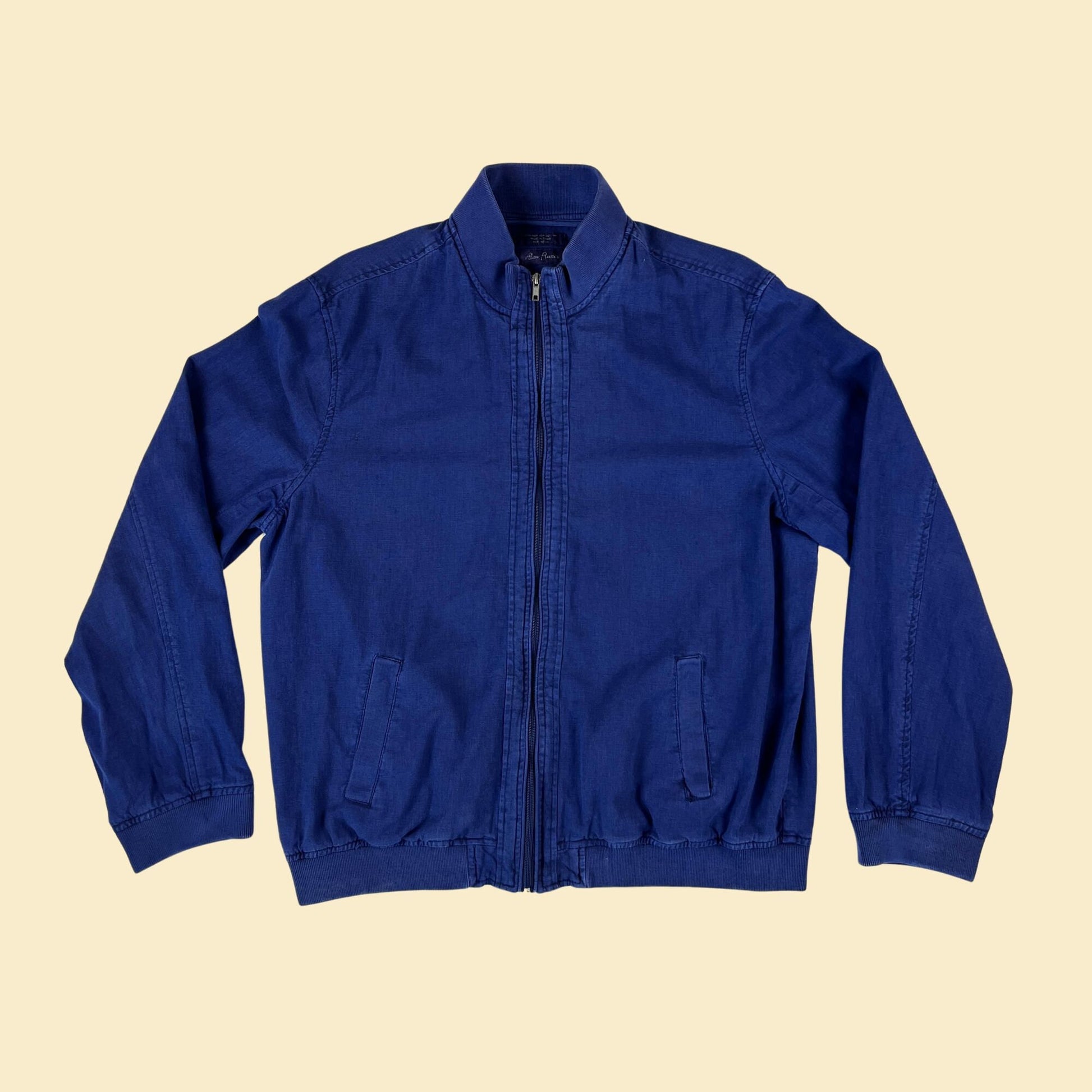 90s/Y2K blue linen windbreaker by Alan Flusser, vintage zip up bomber windbreaker jacket