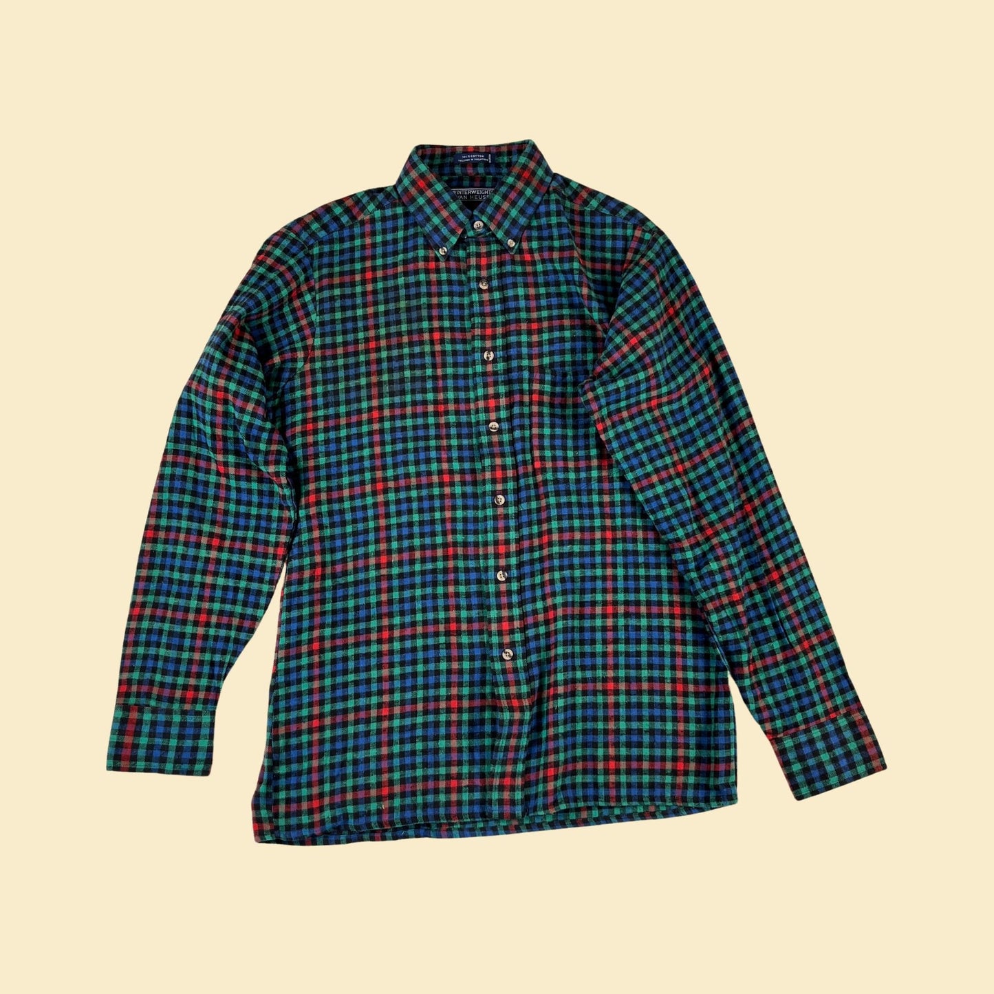 90s checkered M flannel shirt, vintage men's green & blue 1990s button down cotton flannel by Winterweights by Van Heusen