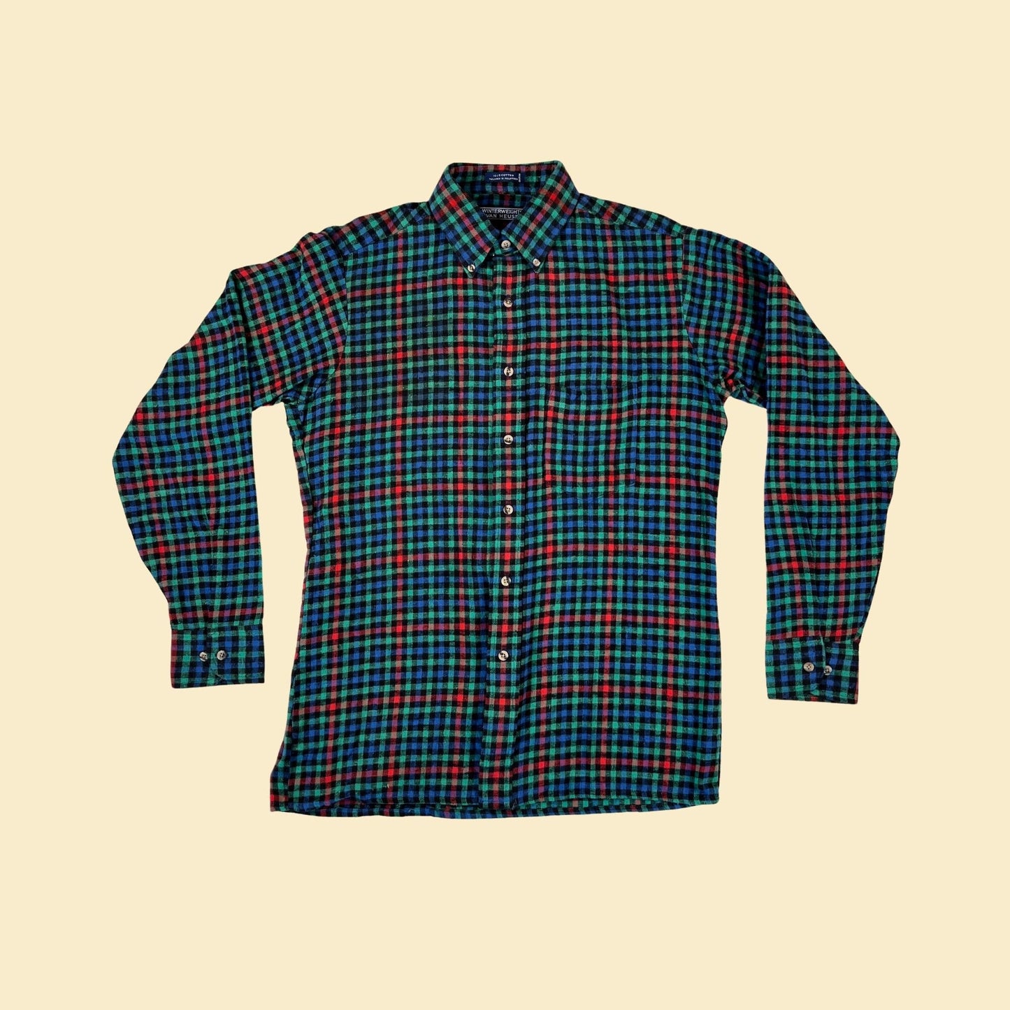 90s checkered M flannel shirt, vintage men's green & blue 1990s button down cotton flannel by Winterweights by Van Heusen