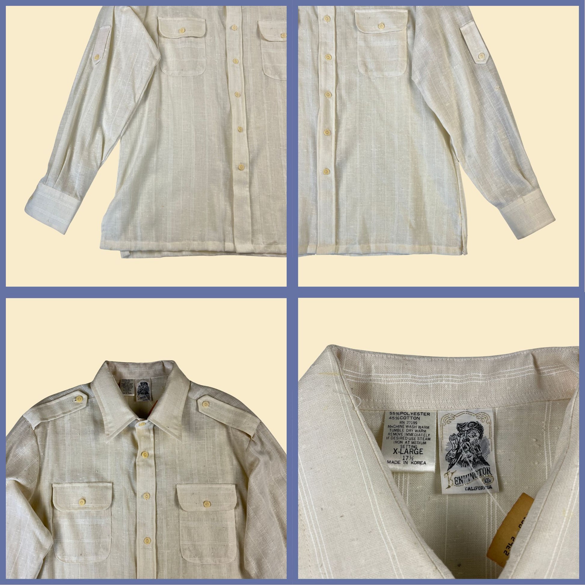 1970s Kennington California sheer off-white men's shirt, vintage 70s beige button down long sleeve shirt