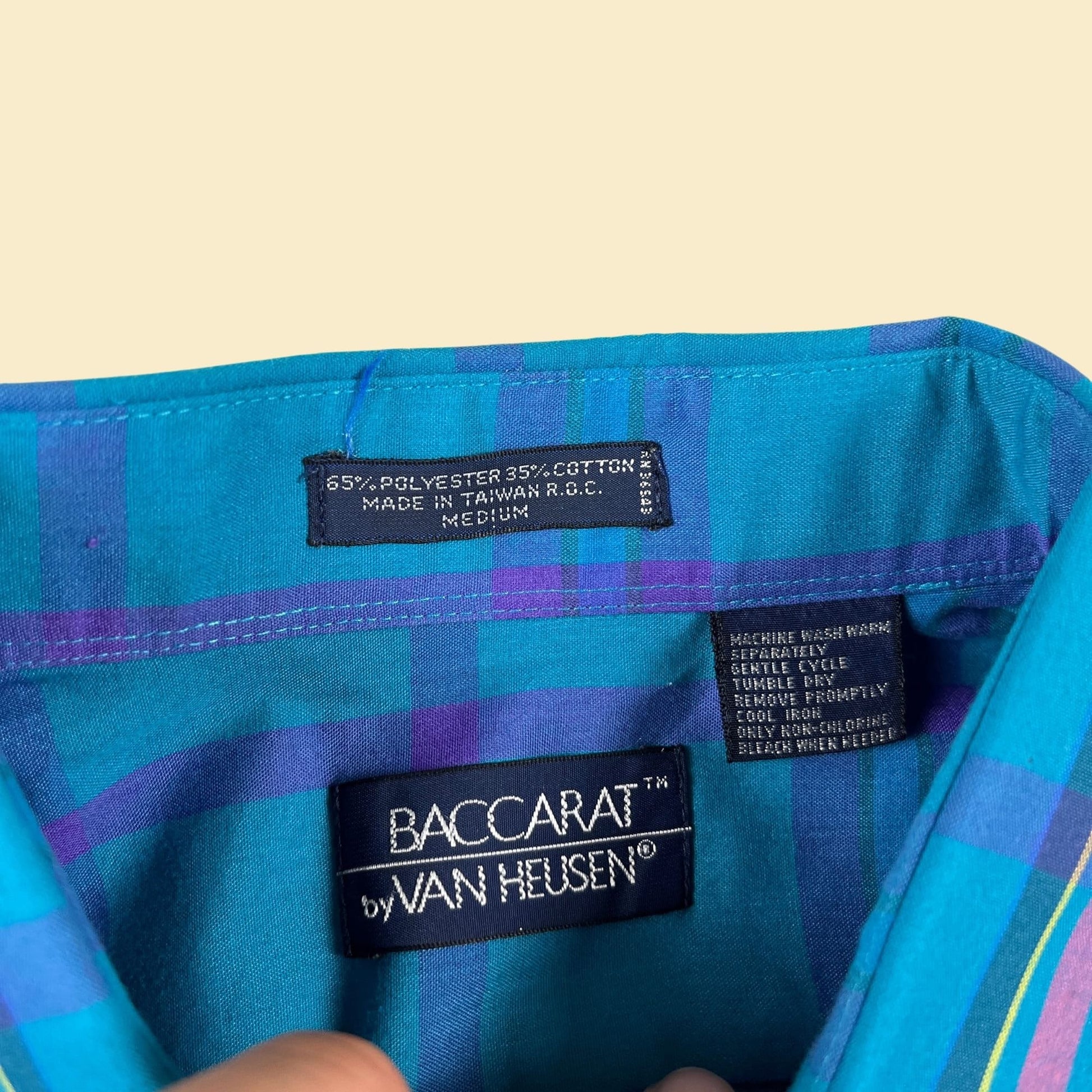 1990s blue men's shirt by Baccarat by Van Heusen, size M vintage 90s casual long sleeve plaid blue & purple button down