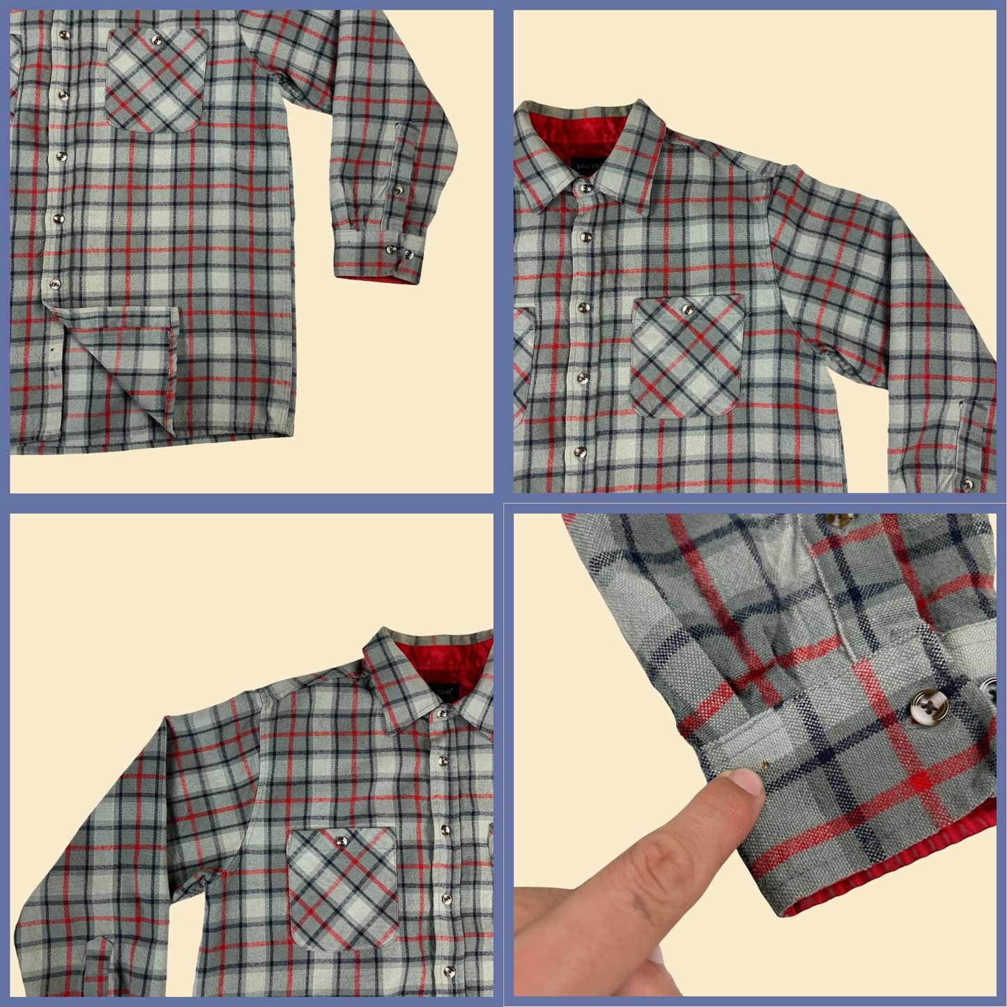 1980s grey flannel shirt by John Blair, vintage 80s grey, blue & red acrylic/polyester men's button down