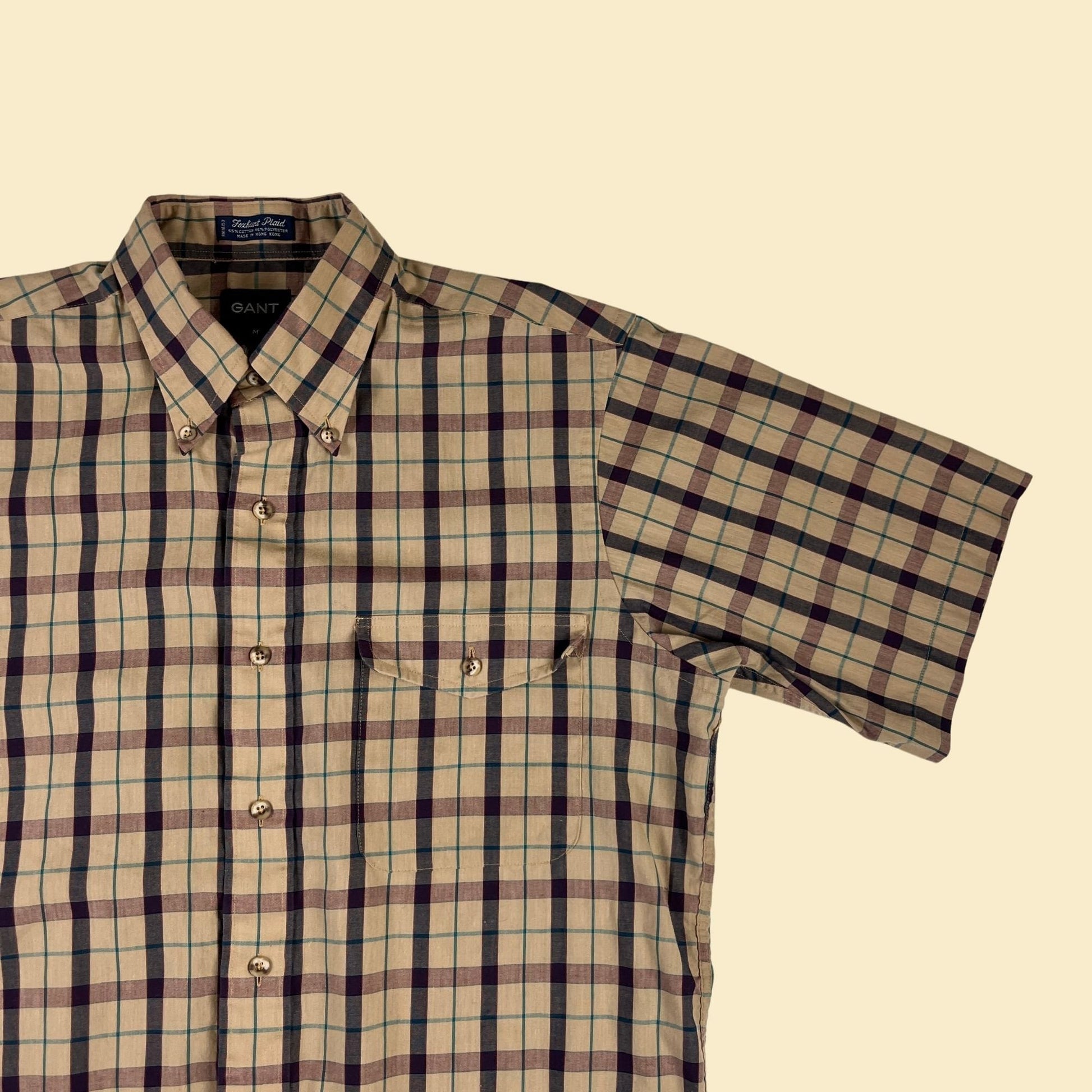 1990s size M men's shirt, vintage 90s brown & purple casual plaid short sleeve button down by GANT