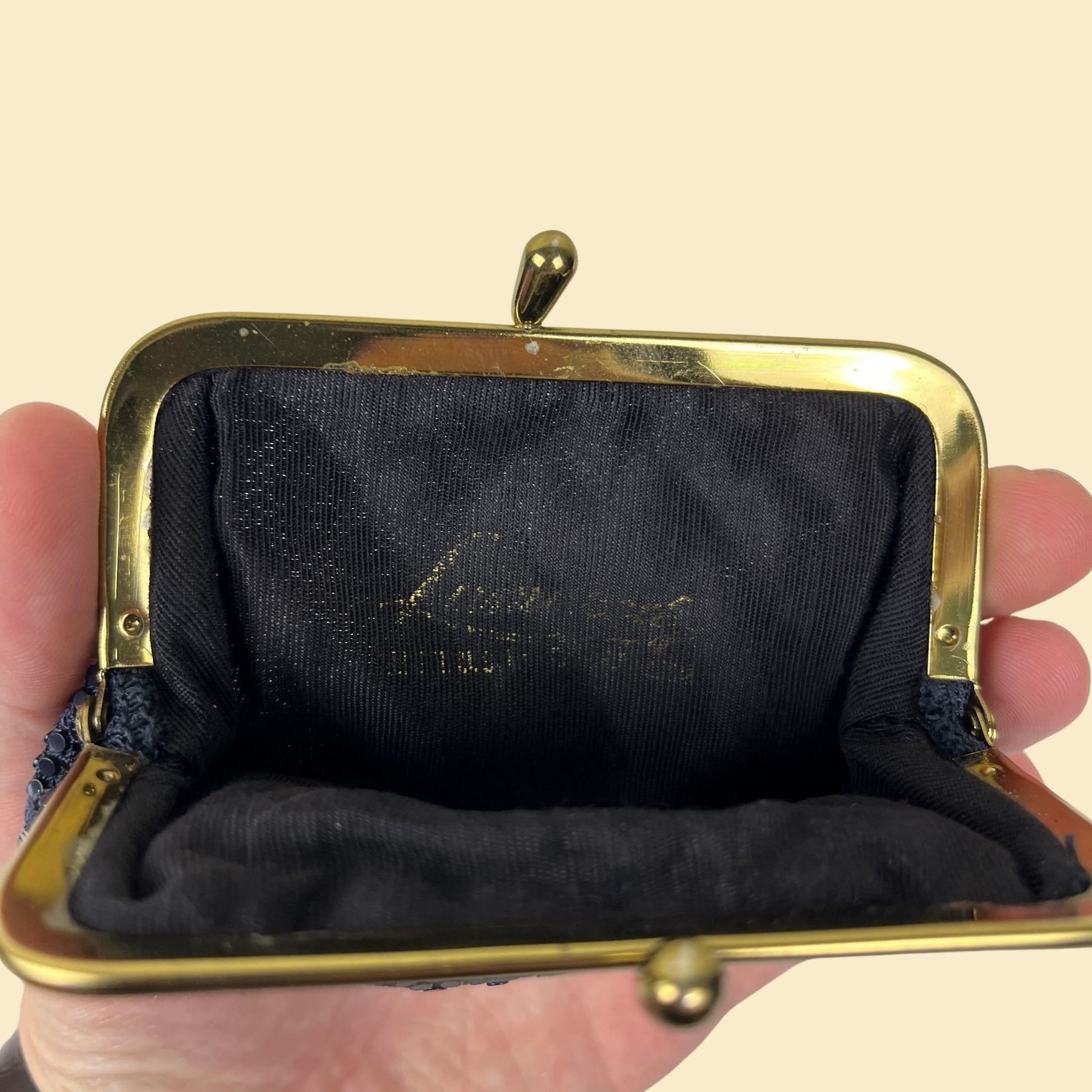 1970s blue & gold coin pouch, vintage 70s dark blue kiss lock coin purse