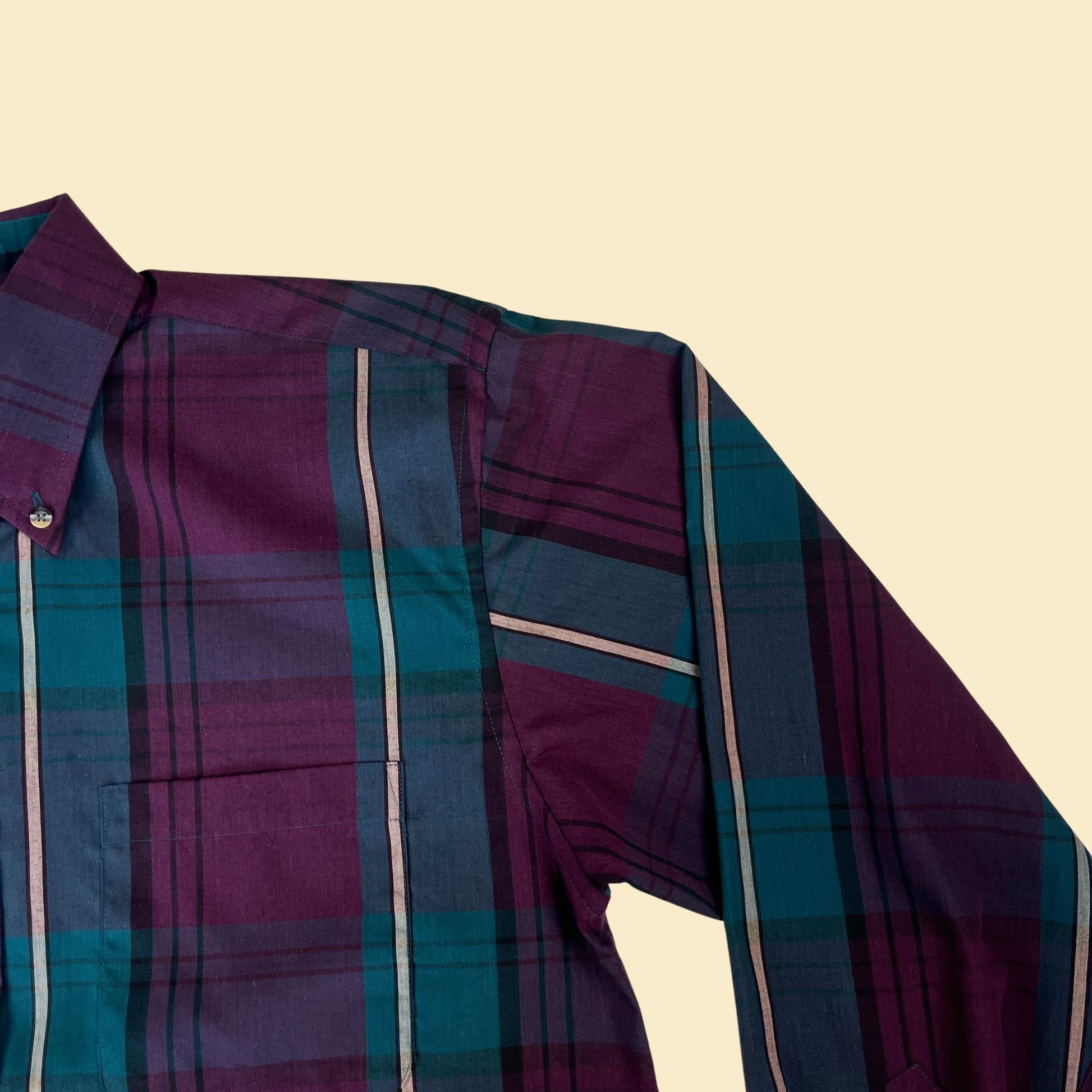 1990s M purple button down shirt, vintage teal & purple plaid men's lightweight shirt by Archie Fowler