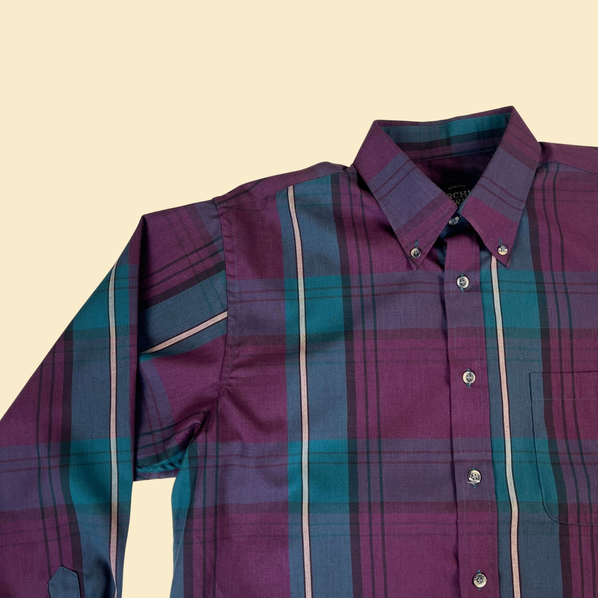 1990s M purple button down shirt, vintage teal & purple plaid men's lightweight shirt by Archie Fowler
