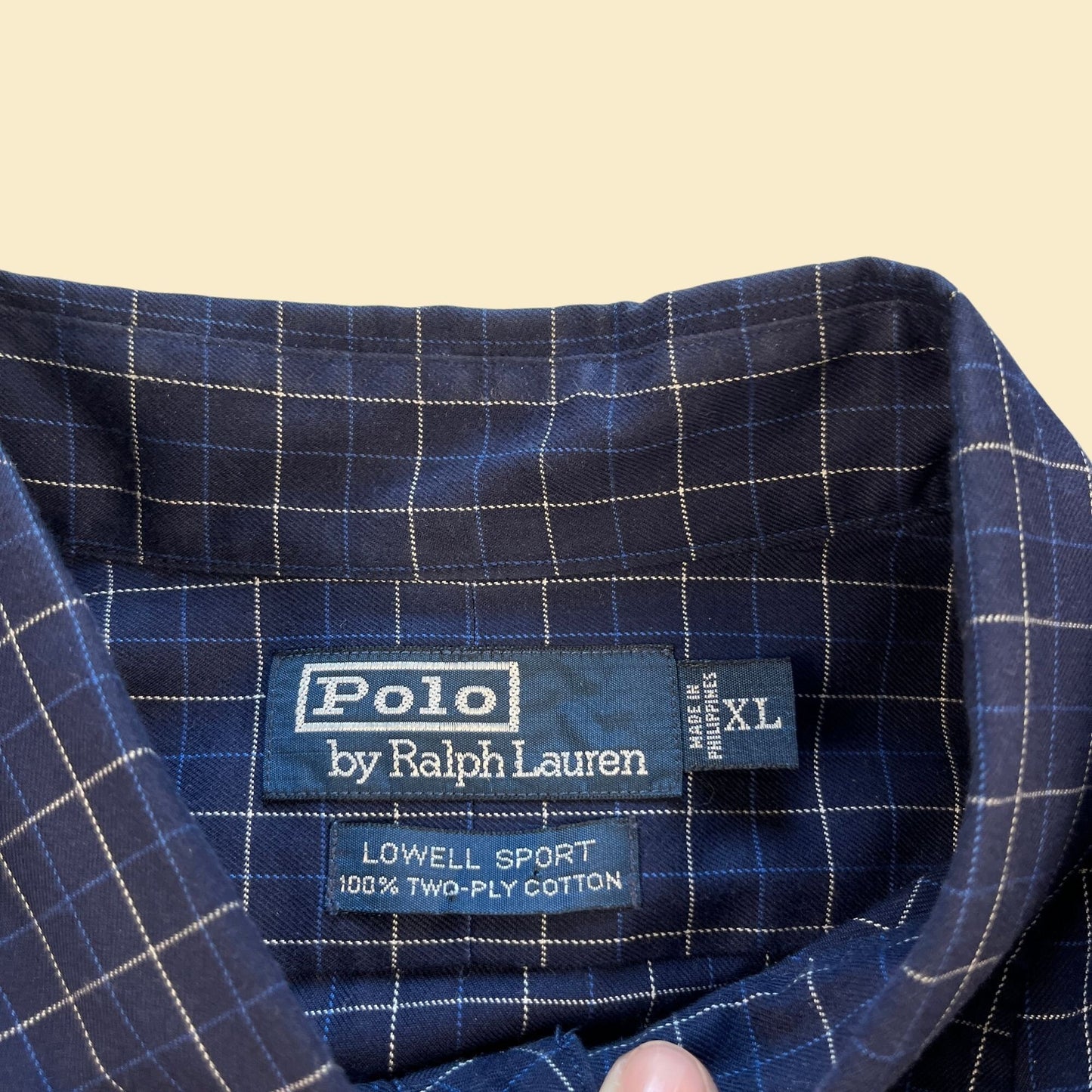 90s Polo by Ralph Lauren blue/white men's shirt, size XL vintage 1990s Lowell Sport windowpane patterned long sleeve top