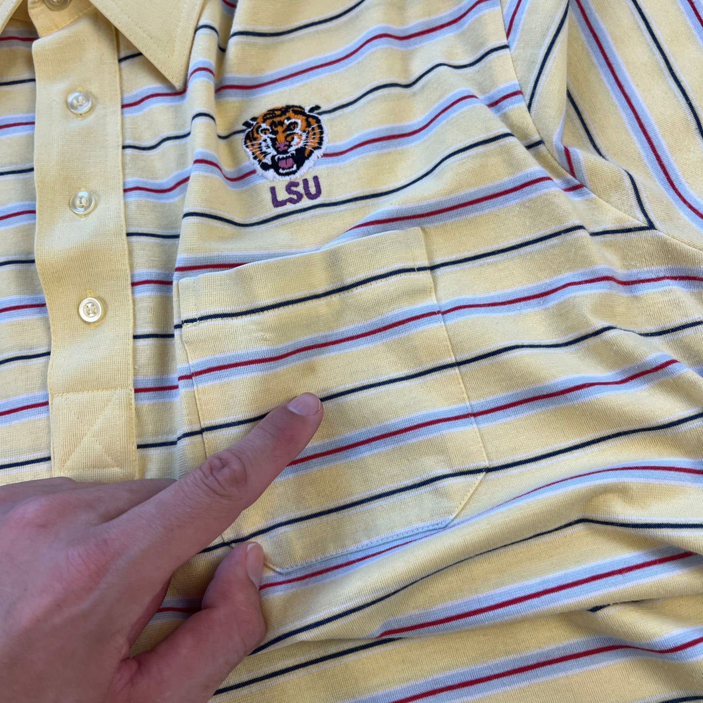 1980s LSU polo shirt by Arrow Tournament, size XL vintage 80s striped Louisiana State short sleeve top