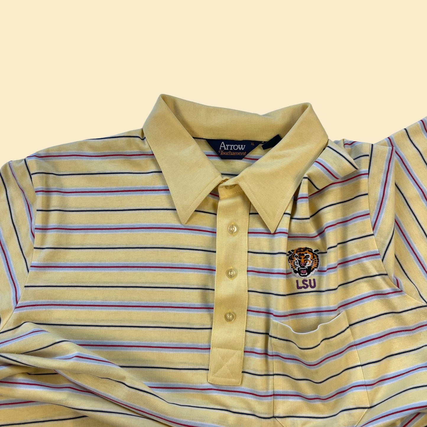 1980s LSU polo shirt by Arrow Tournament, size XL vintage 80s striped Louisiana State short sleeve top