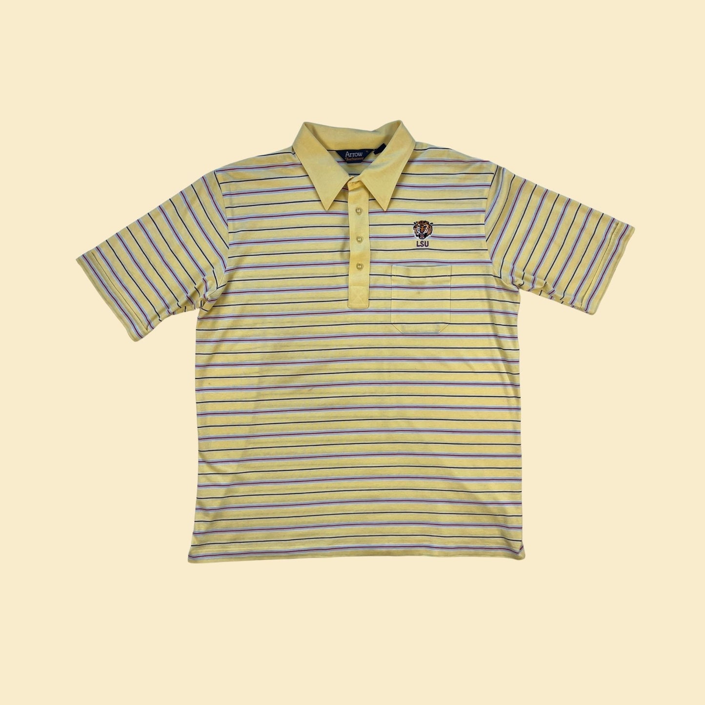 1980s LSU polo shirt by Arrow Tournament, size XL vintage 80s striped Louisiana State short sleeve top