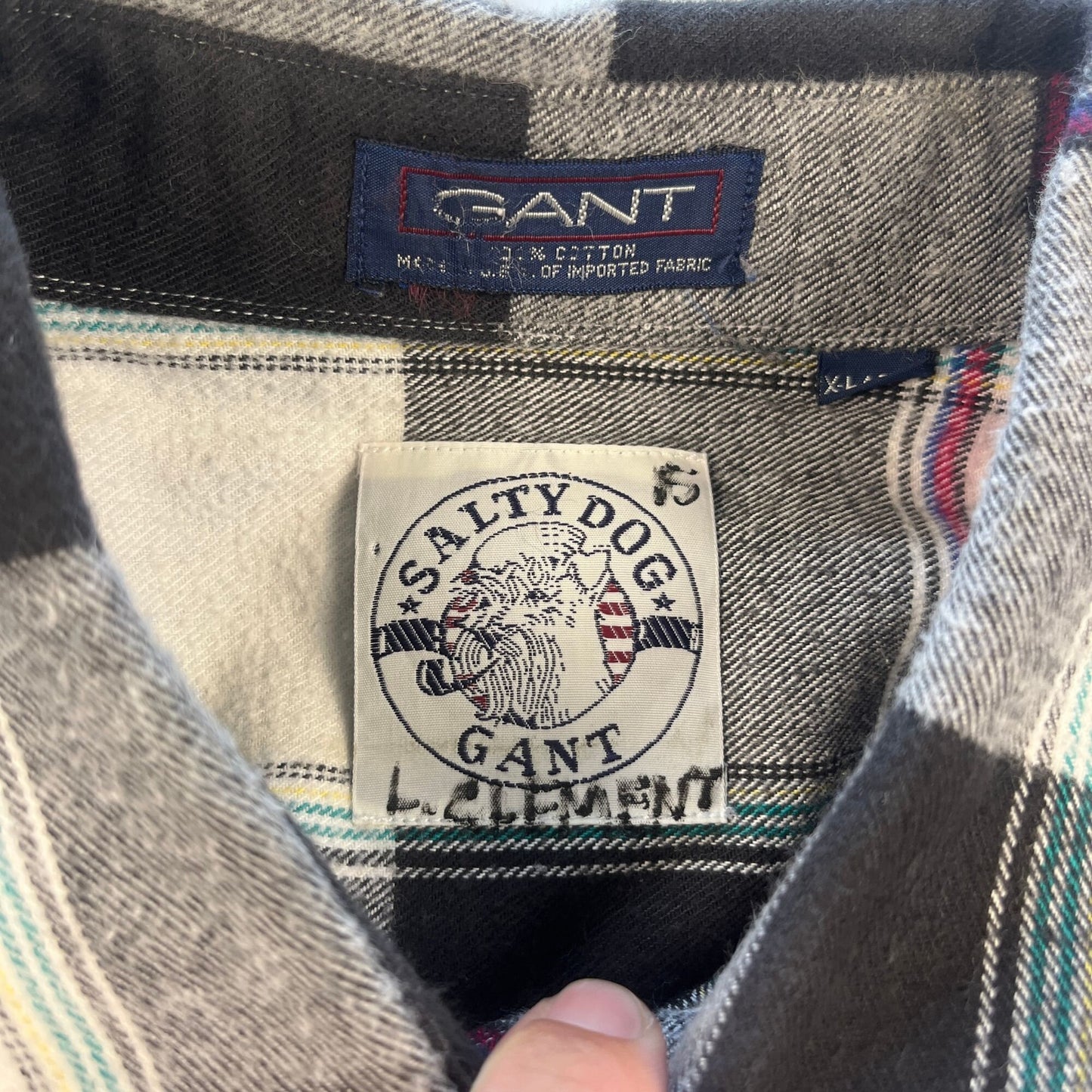 1990s Gant Salty Dog plaid men's shirt, size XL vintage 90s button down w/ white, black, pink & teal plaid pattern