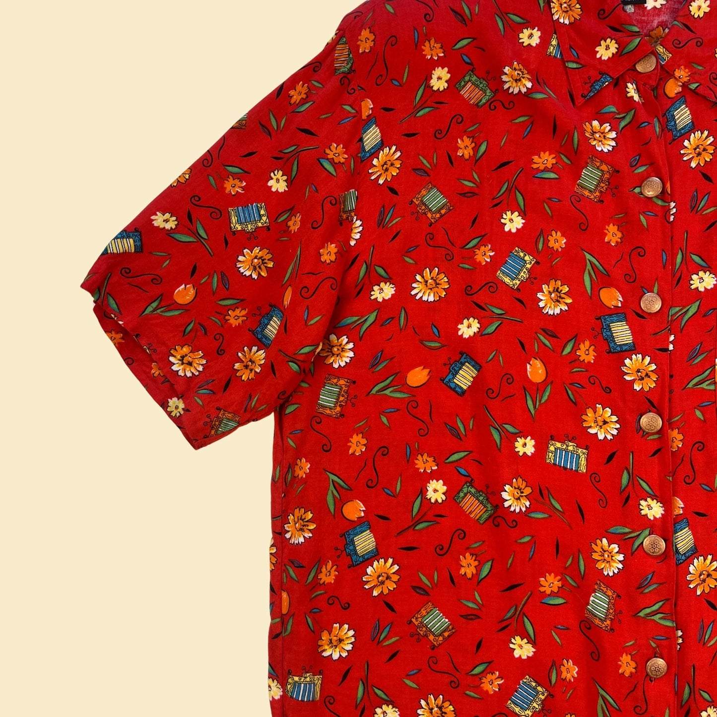 1980s red floral blouse by SK Wear, size S vintage 80s patterned blouse w/ shoulder pads