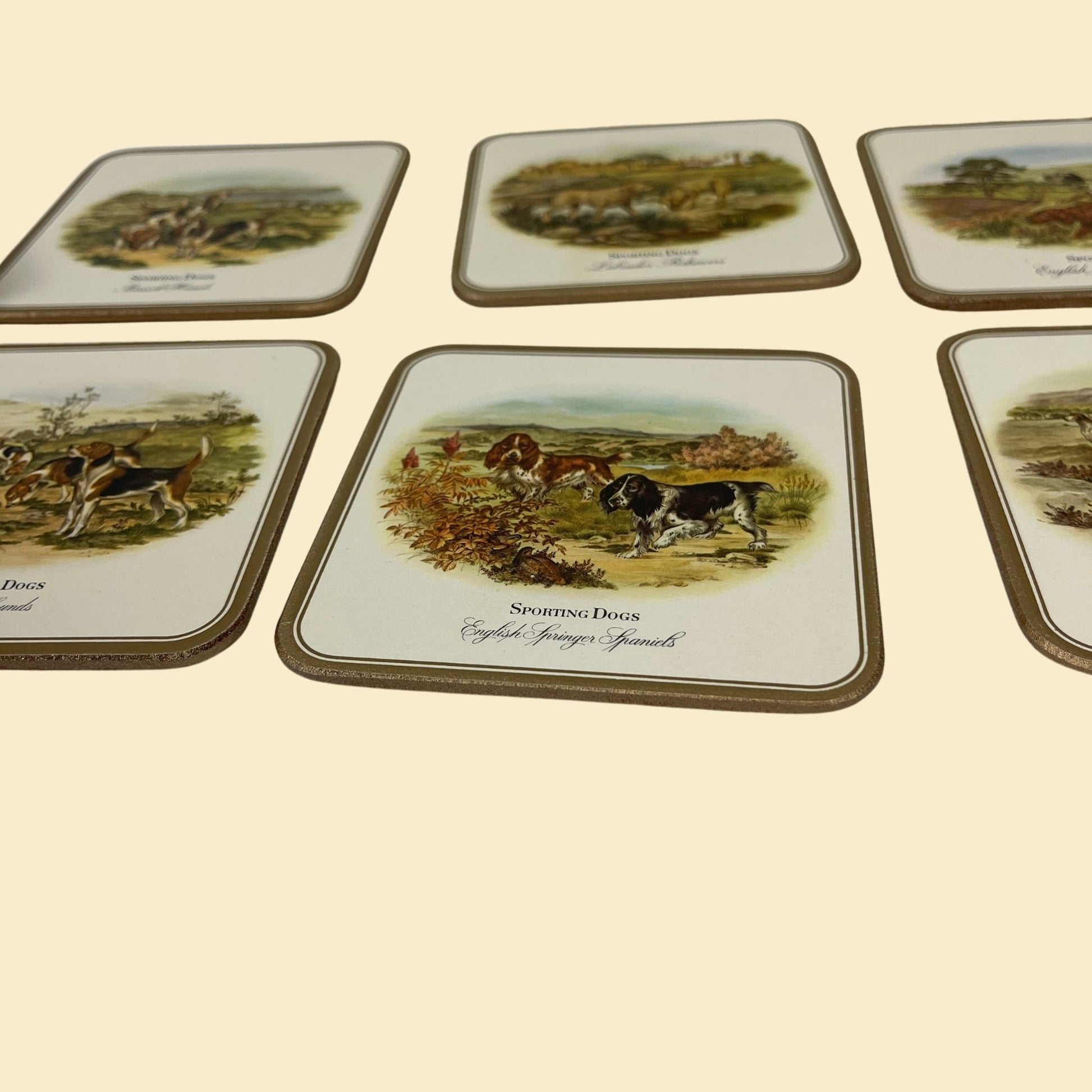 1970s sporting dog coasters by Pimpernel, vintage (NOS) set of 6 dog themed square cork coasters