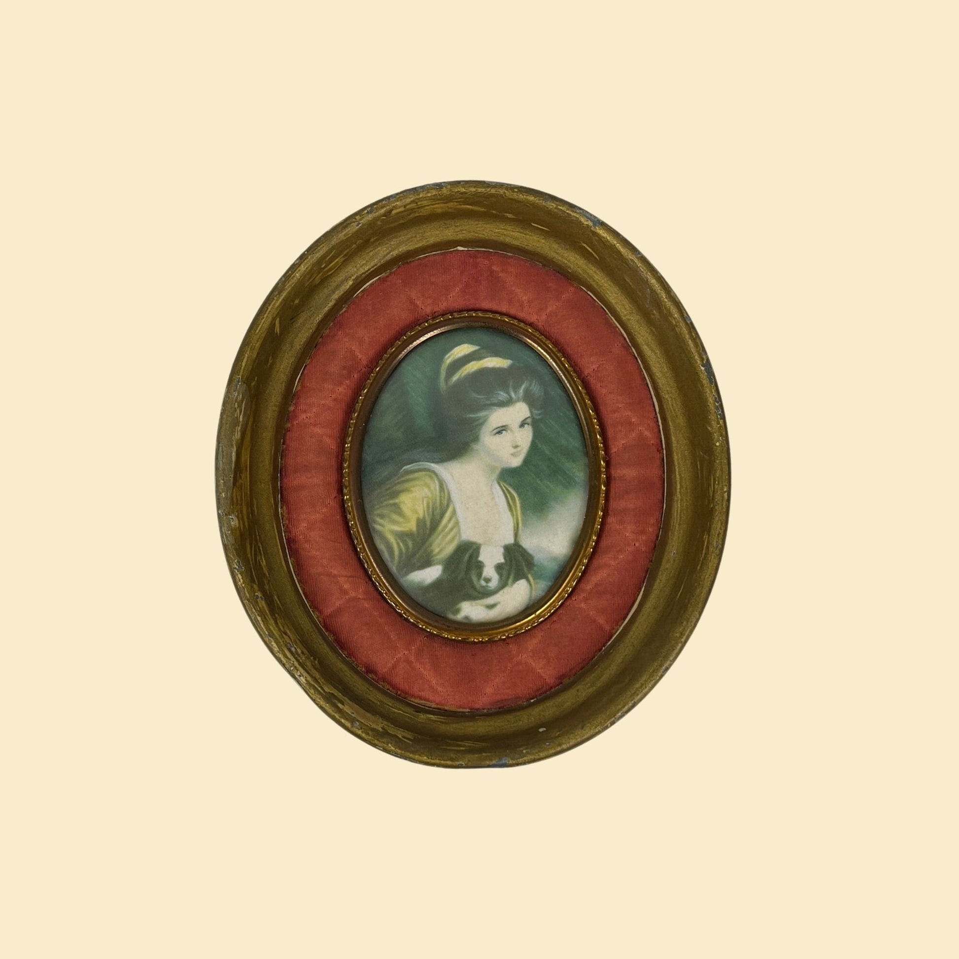 1950s wall hanging oval frame w/ print of Lady Hamilton by George Romney, vintage 50s Victorian style gallery wall art