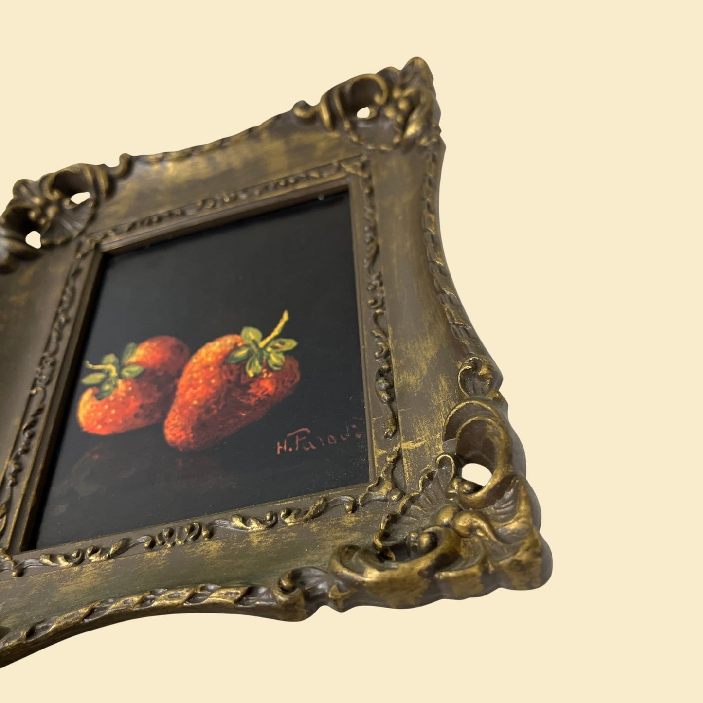 1960s wall hanging fruit prints in filagree plastic gold-gilt frames, set of 3 vintage 60s gallery wall prints