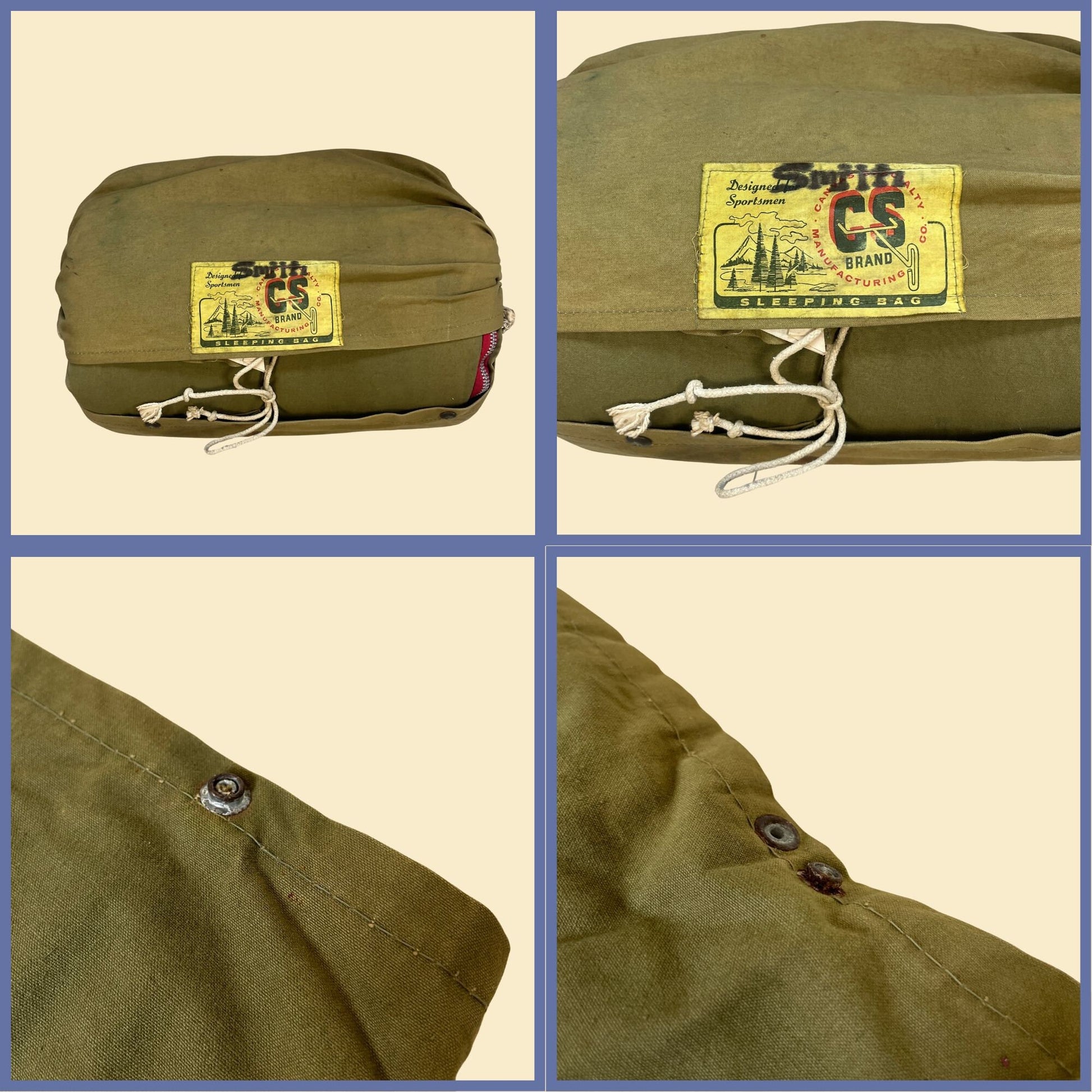 Vintage 60s canvas sleeping bag by Canvas Specialty Mfg Co., 1960s green/khaki zip up sleeping bag