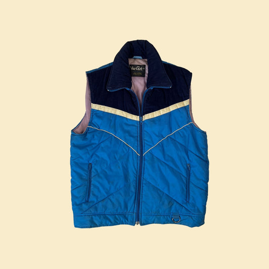 1980s blue nylon/corduroy puffer vest by VanCort, size M vintage 80s blue & white zip up vest