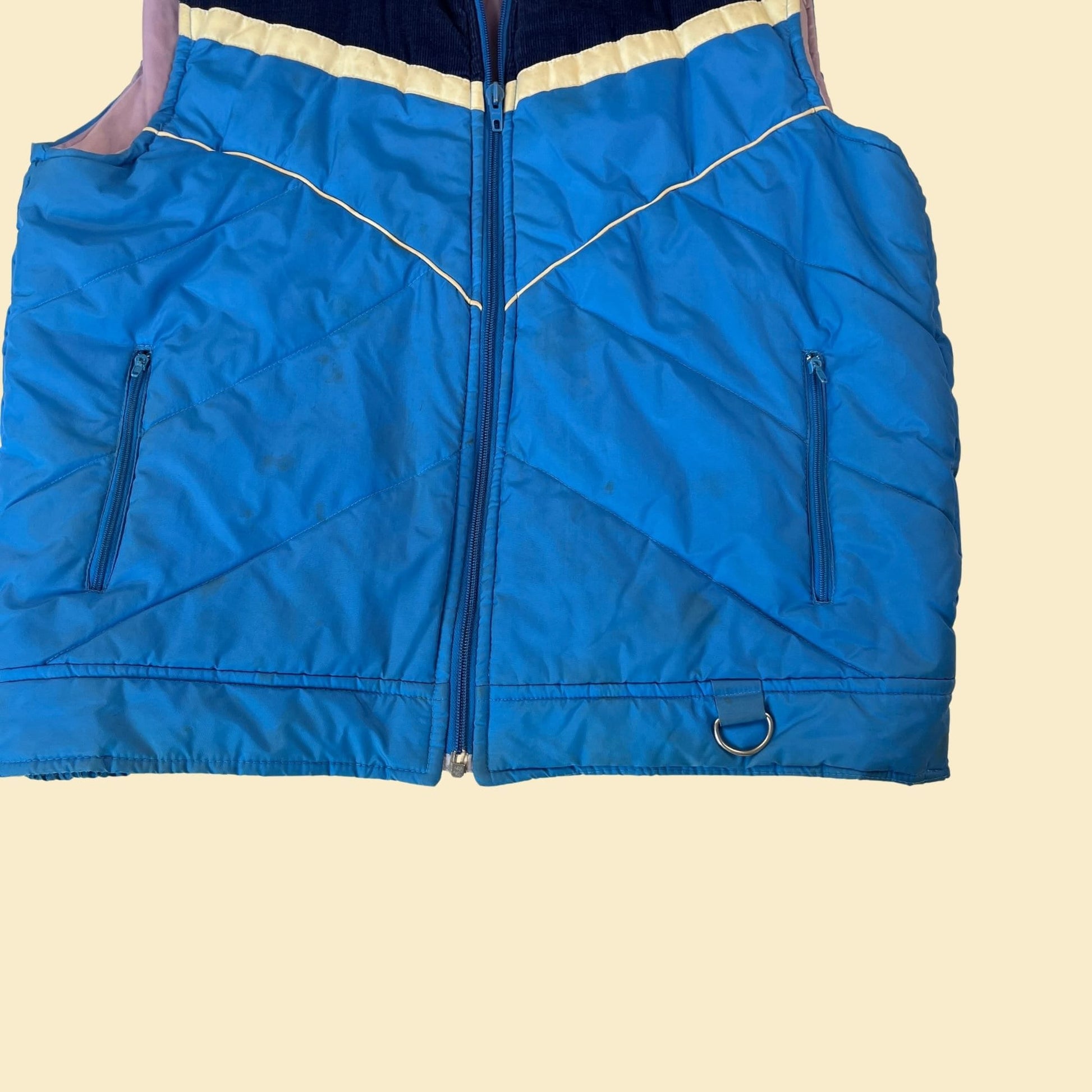 1980s blue nylon/corduroy puffer vest by VanCort, size M vintage 80s blue & white zip up vest