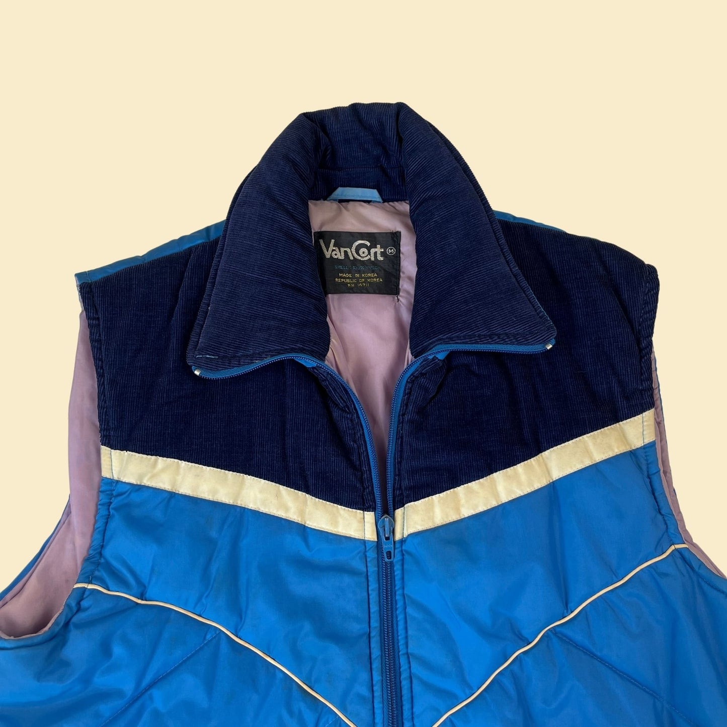 1980s blue nylon/corduroy puffer vest by VanCort, size M vintage 80s blue & white zip up vest