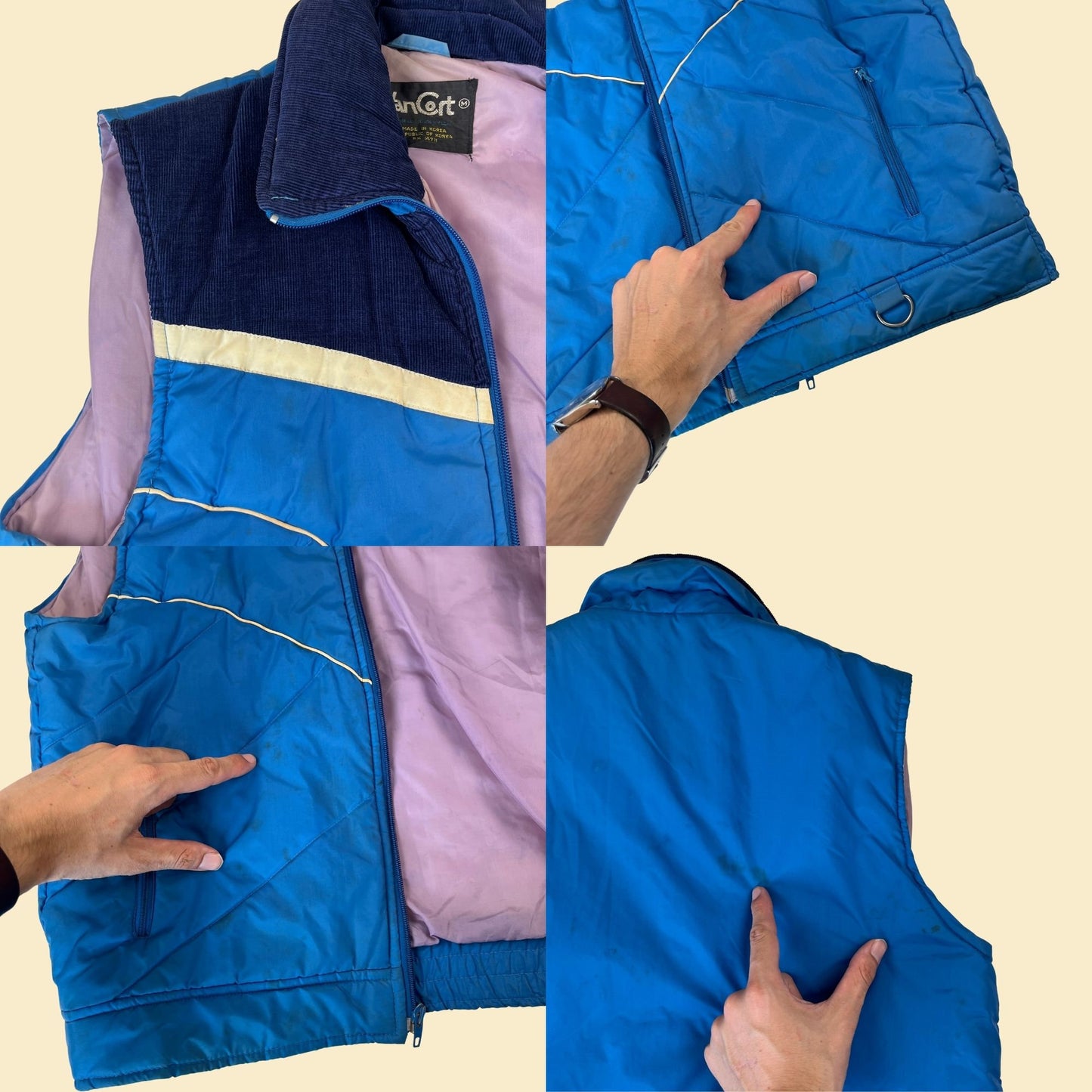 1980s blue nylon/corduroy puffer vest by VanCort, size M vintage 80s blue & white zip up vest