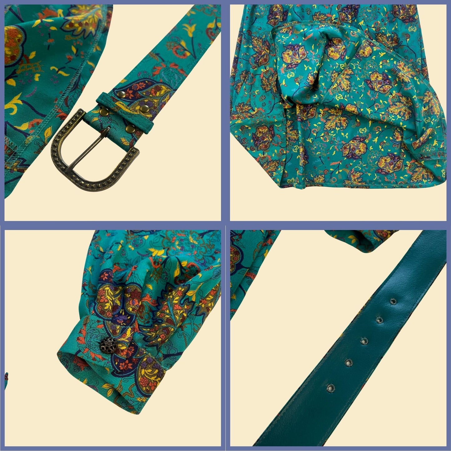 1990s teal blue & purple maxi dress by Liz Claiborne, size 12P vintage 1990s long sleeve floral paisley dress w/ belt