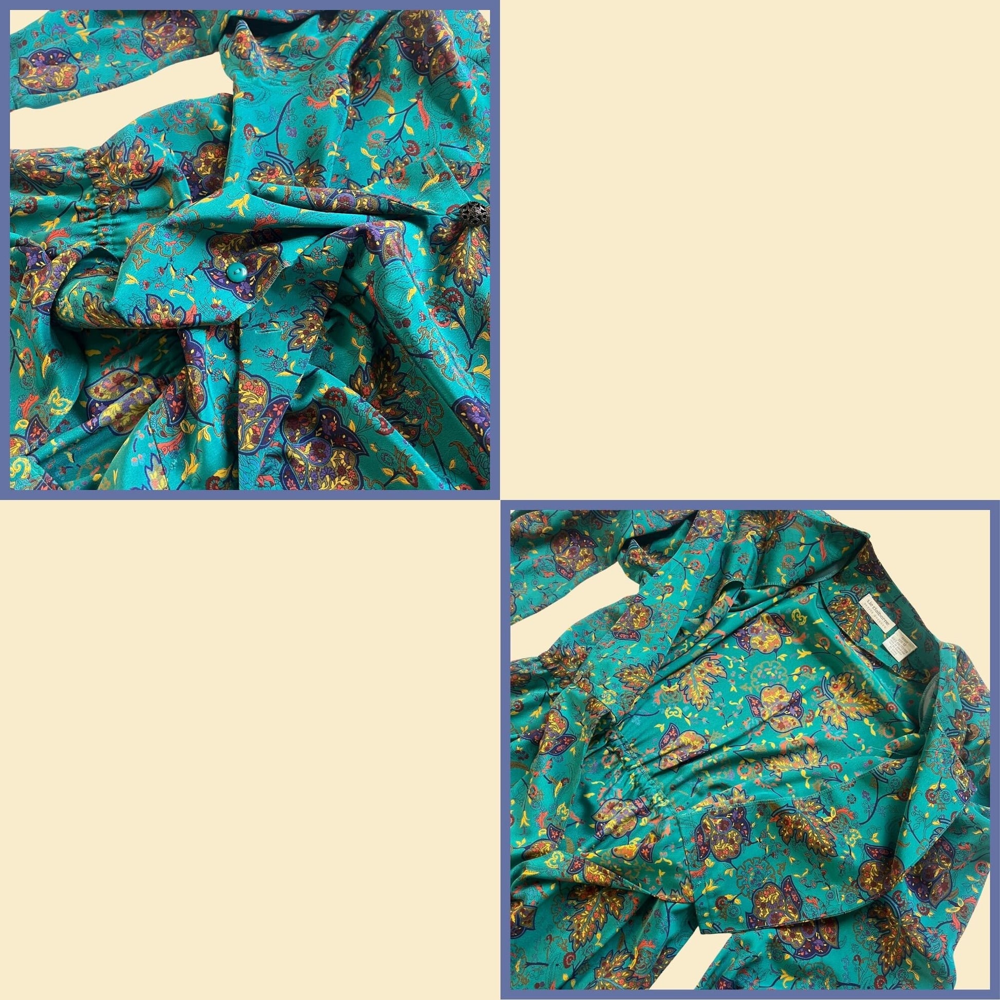 1990s teal blue & purple maxi dress by Liz Claiborne, size 12P vintage 1990s long sleeve floral paisley dress w/ belt